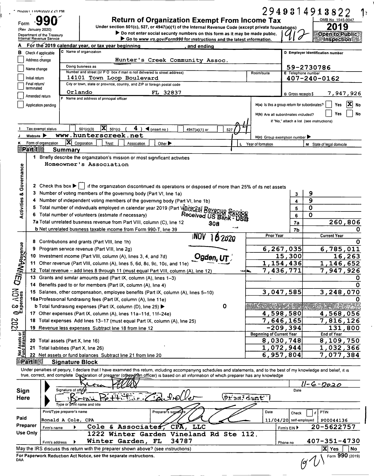 Image of first page of 2019 Form 990O for Hunters Creek Community Assoc