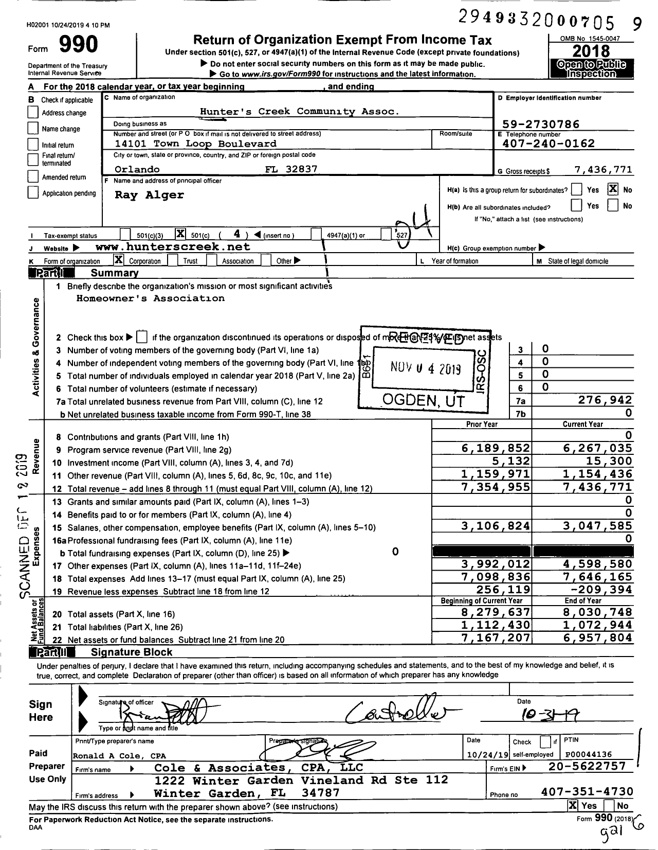 Image of first page of 2018 Form 990O for Hunters Creek Community Assoc