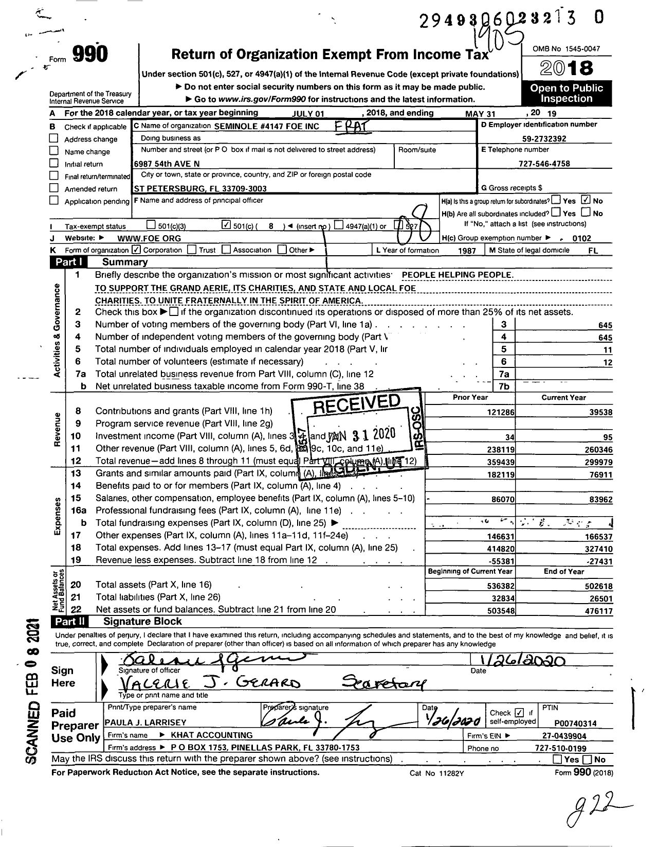 Image of first page of 2018 Form 990O for Fraternal Order of Eagles - Seminole 4147 FOE