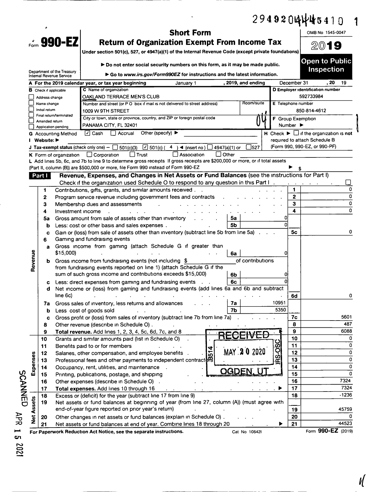 Image of first page of 2019 Form 990EO for Oakland Terrace Mens Club