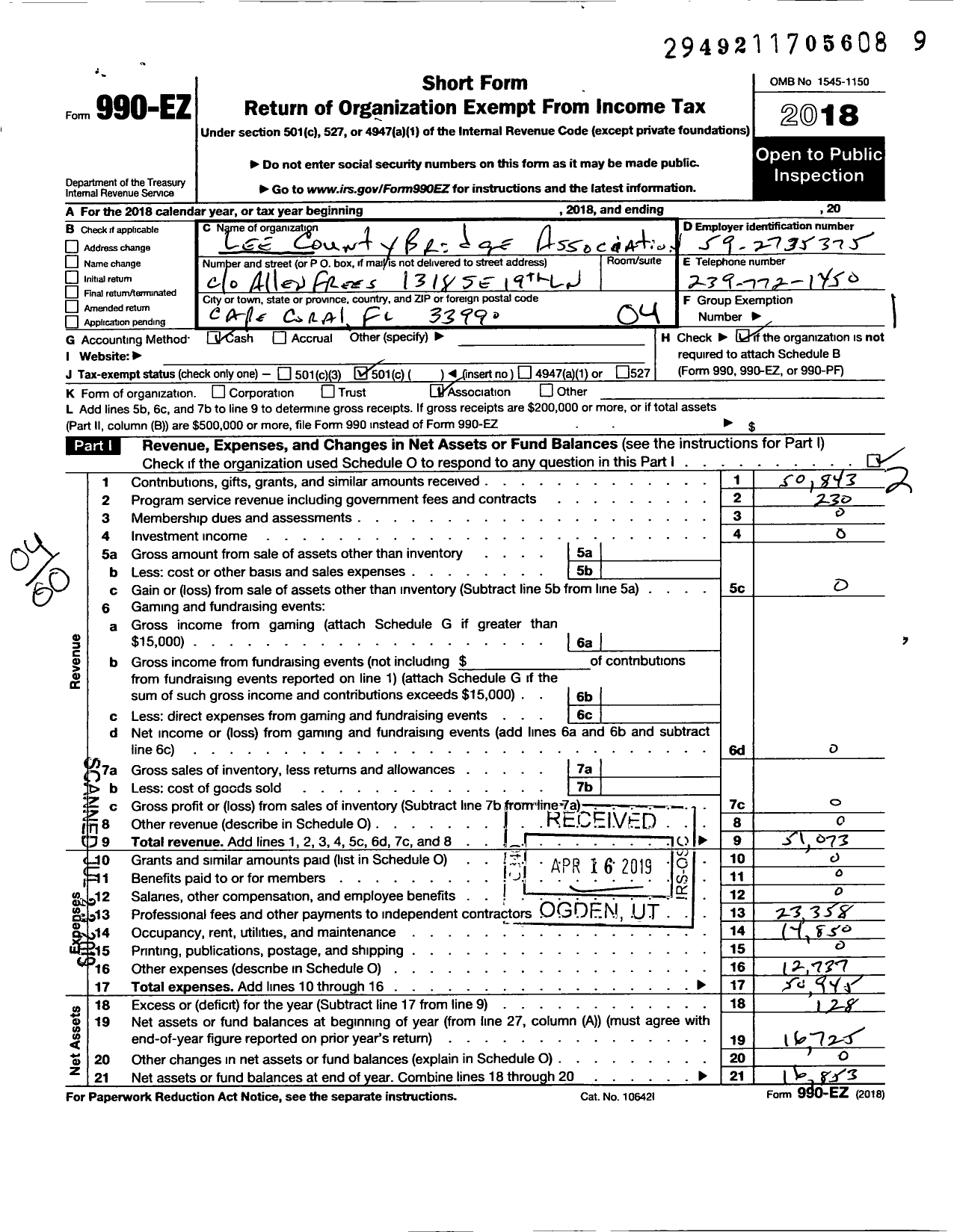 Image of first page of 2018 Form 990EO for Lee County Bridge Association County Honey Seagroves