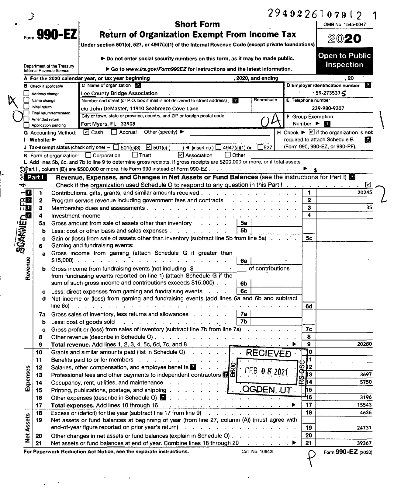 Image of first page of 2020 Form 990EO for Lee County Bridge Association County Honey Seagroves