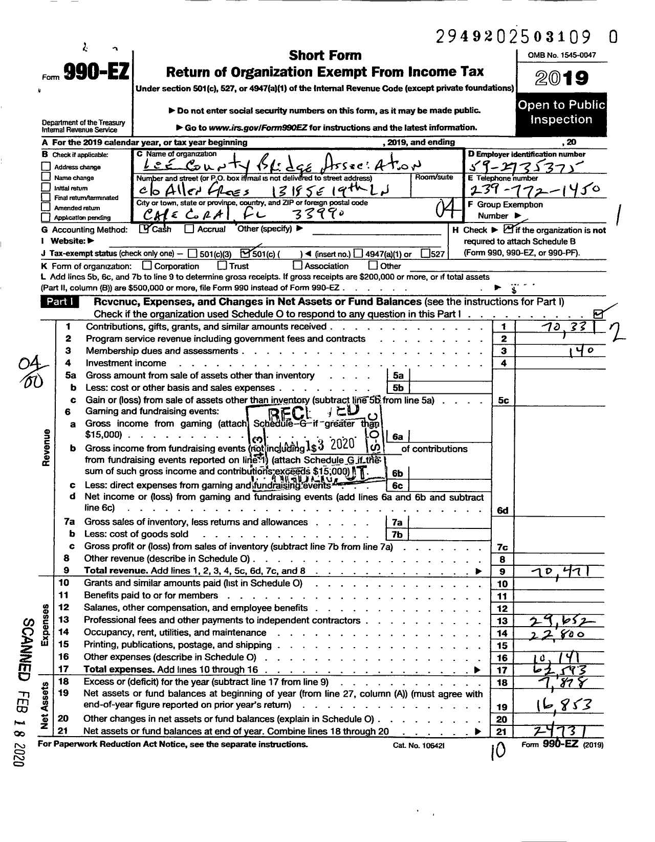 Image of first page of 2019 Form 990EO for Lee County Bridge Association County Honey Seagroves