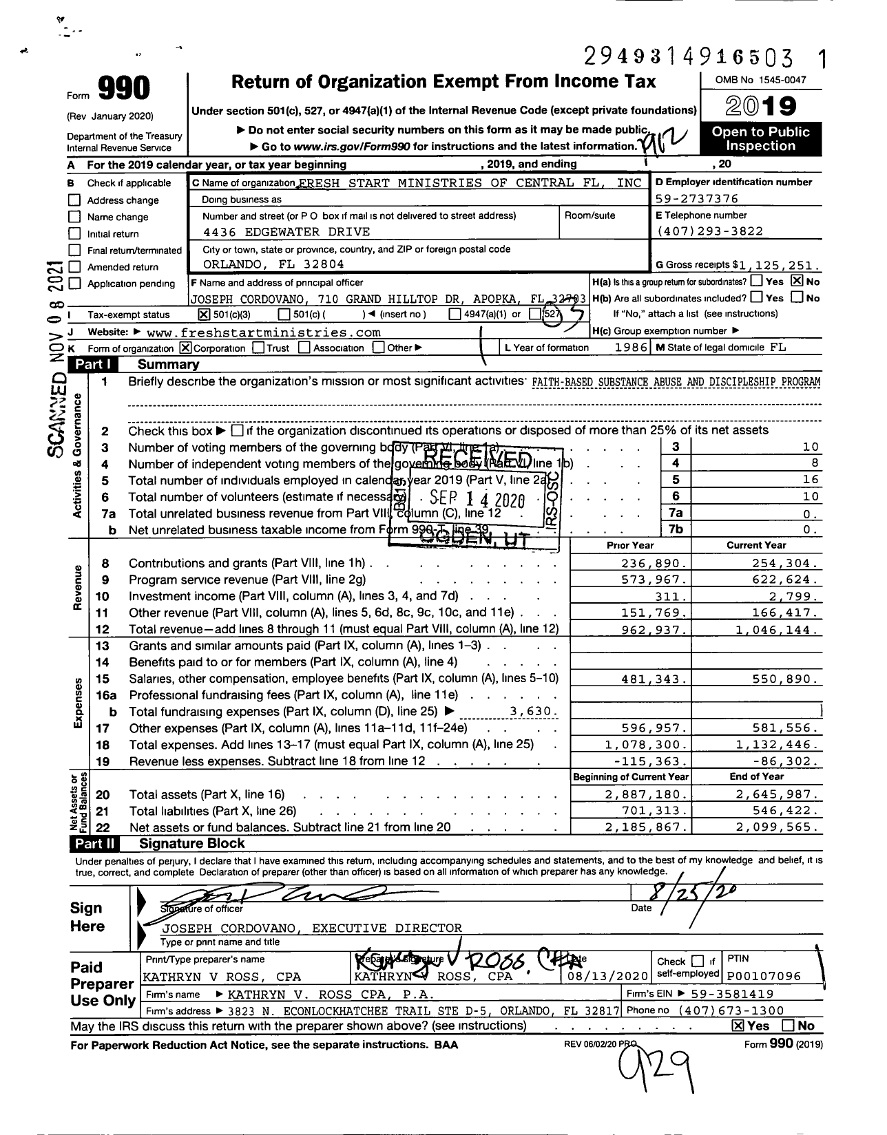 Image of first page of 2019 Form 990 for Fresh Start Ministries of Central FL