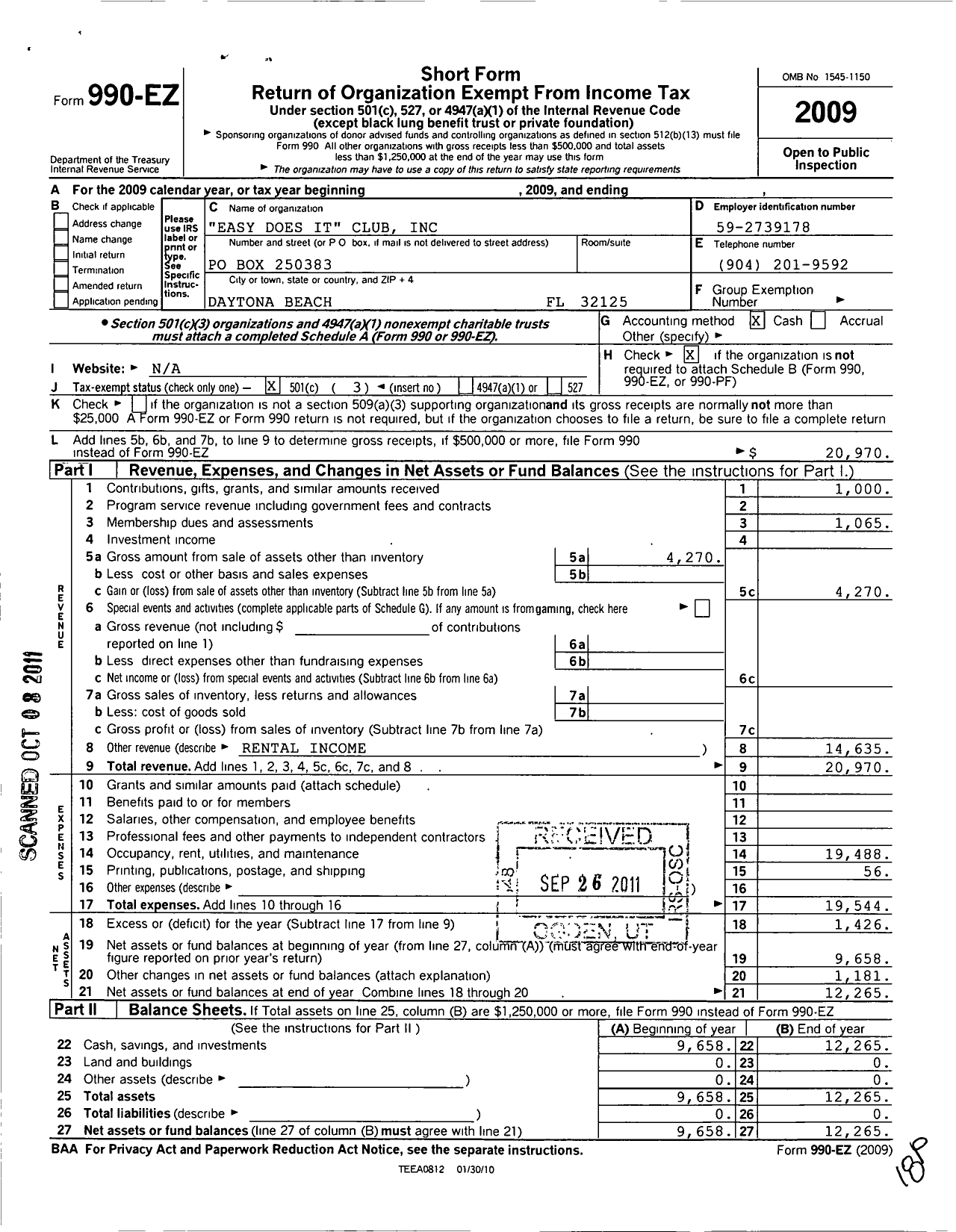 Image of first page of 2009 Form 990EZ for Easy Does It Club