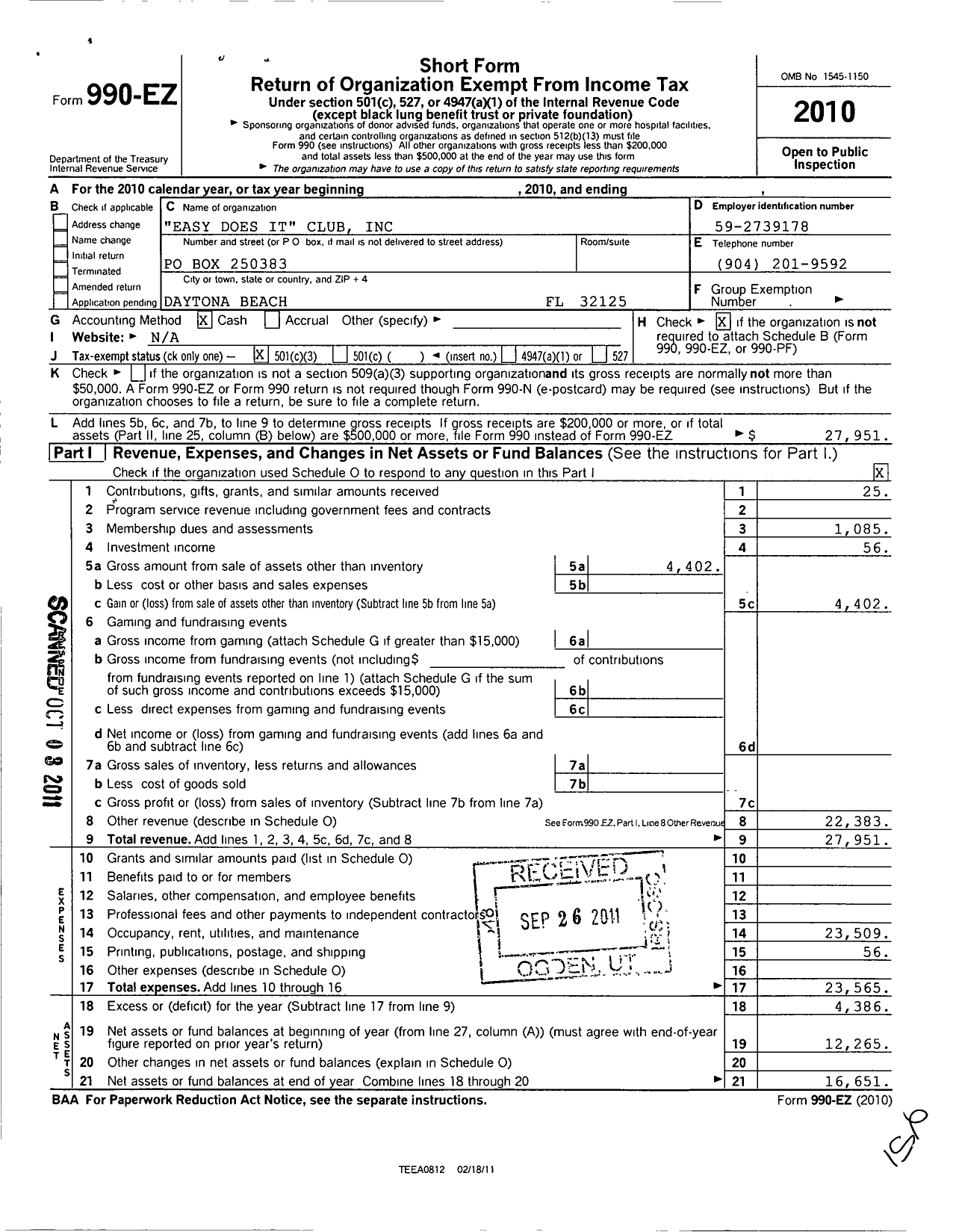 Image of first page of 2010 Form 990EZ for Easy Does It Club