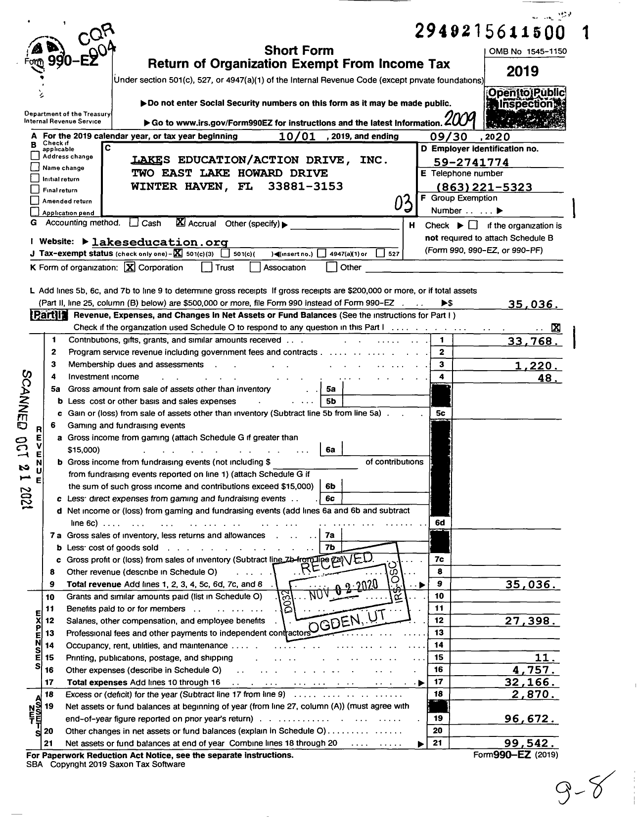 Image of first page of 2019 Form 990EZ for Lakes Educationaction Drive