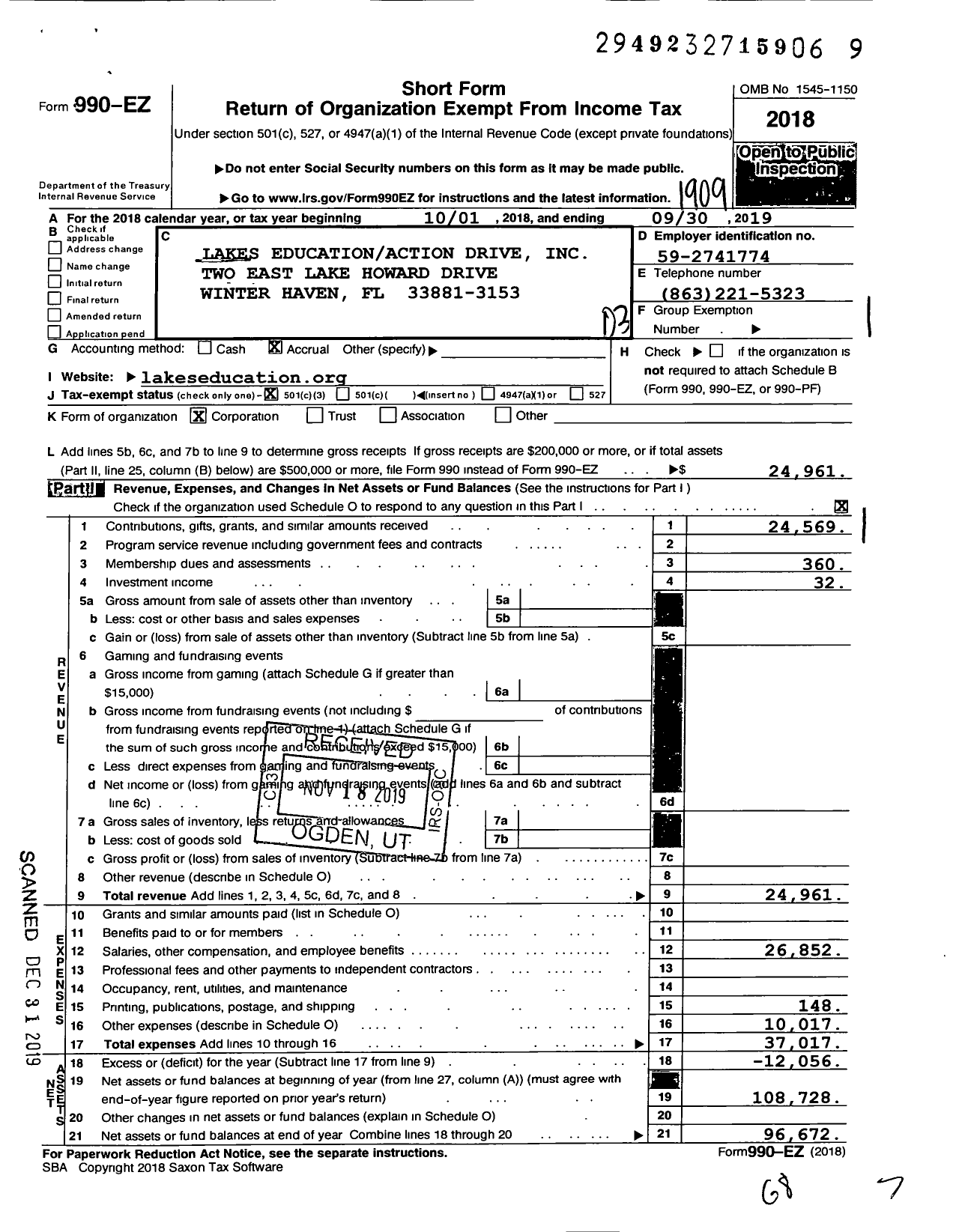 Image of first page of 2018 Form 990EZ for Lakes Educationaction Drive