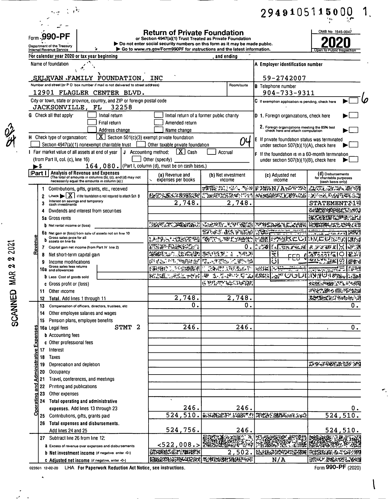 Image of first page of 2020 Form 990PF for Selevan Family Foundation