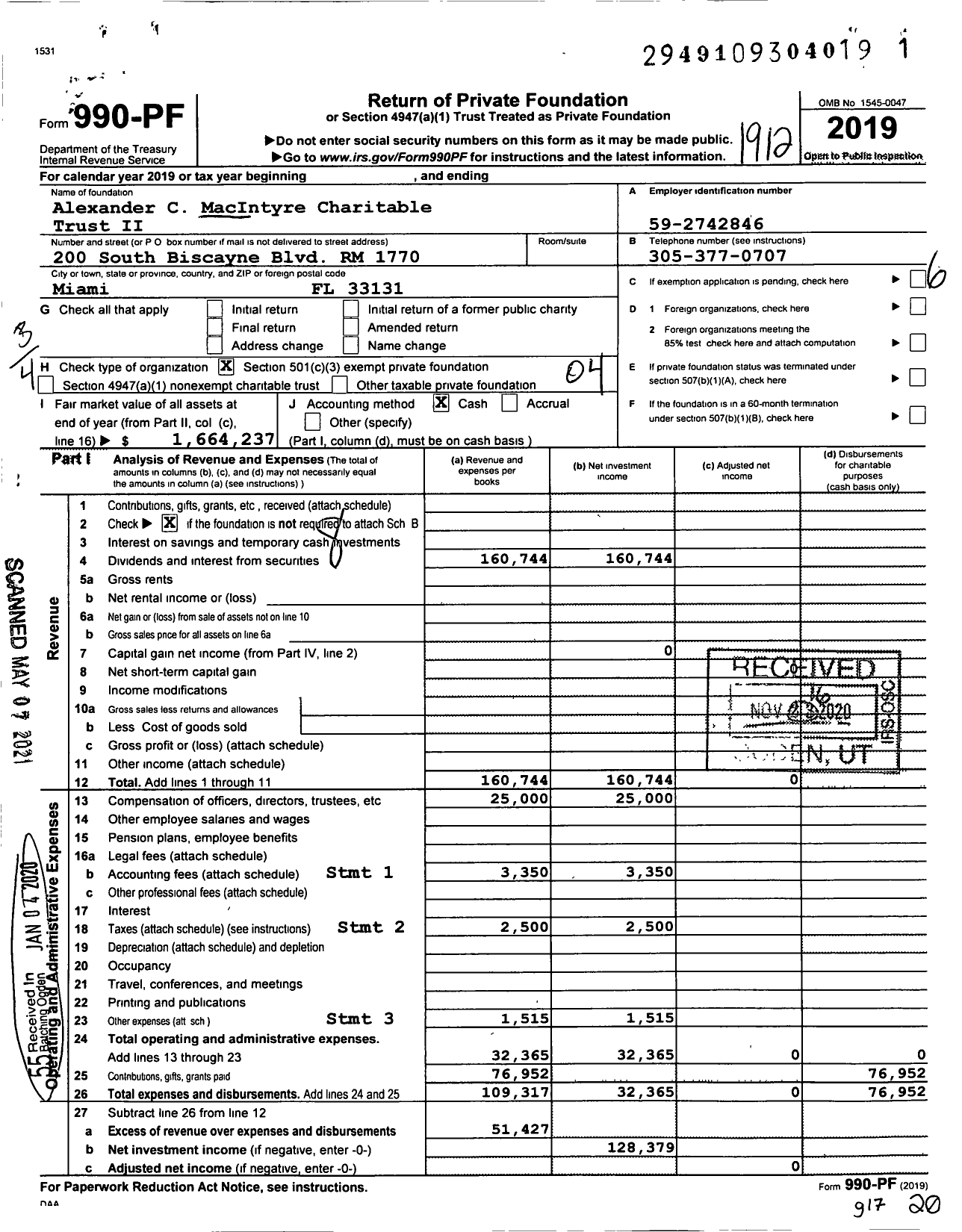 Image of first page of 2019 Form 990PF for Alexander C Macintyre Charitable Trust Ii