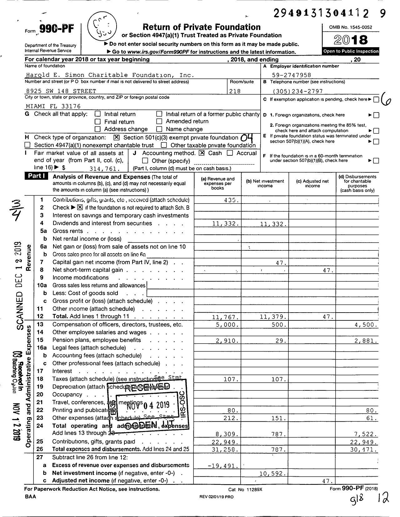 Image of first page of 2018 Form 990PF for Harold E Simon Charitable Foundation