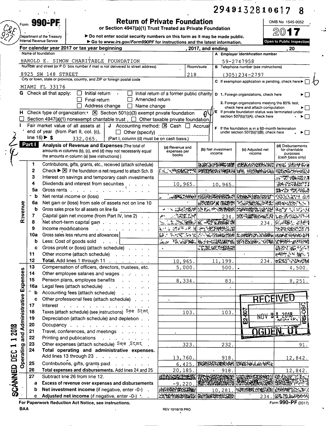 Image of first page of 2017 Form 990PF for Harold E Simon Charitable Foundation