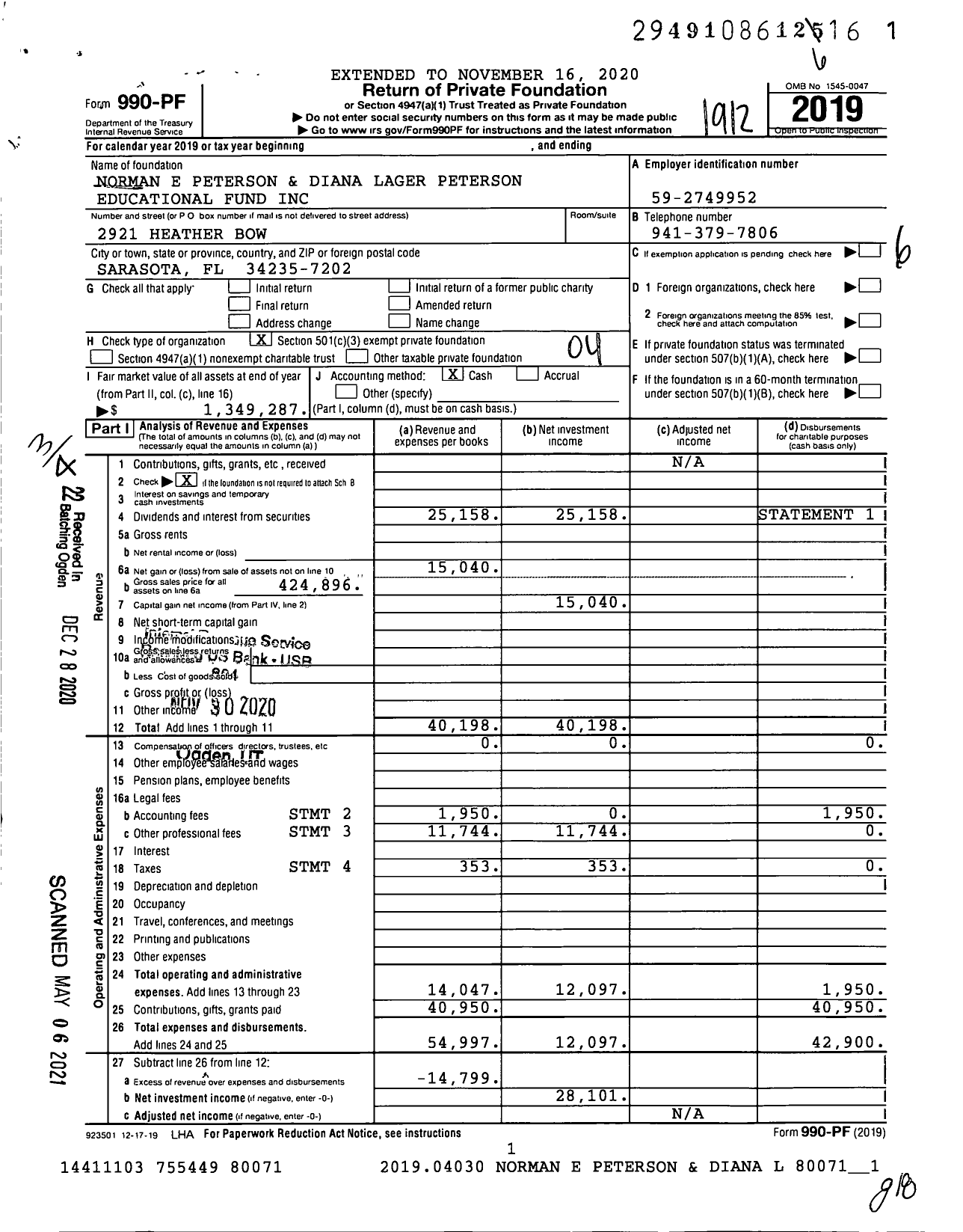 Image of first page of 2019 Form 990PF for Norman E Peterson and Diana Lager Peterson Educational Fund