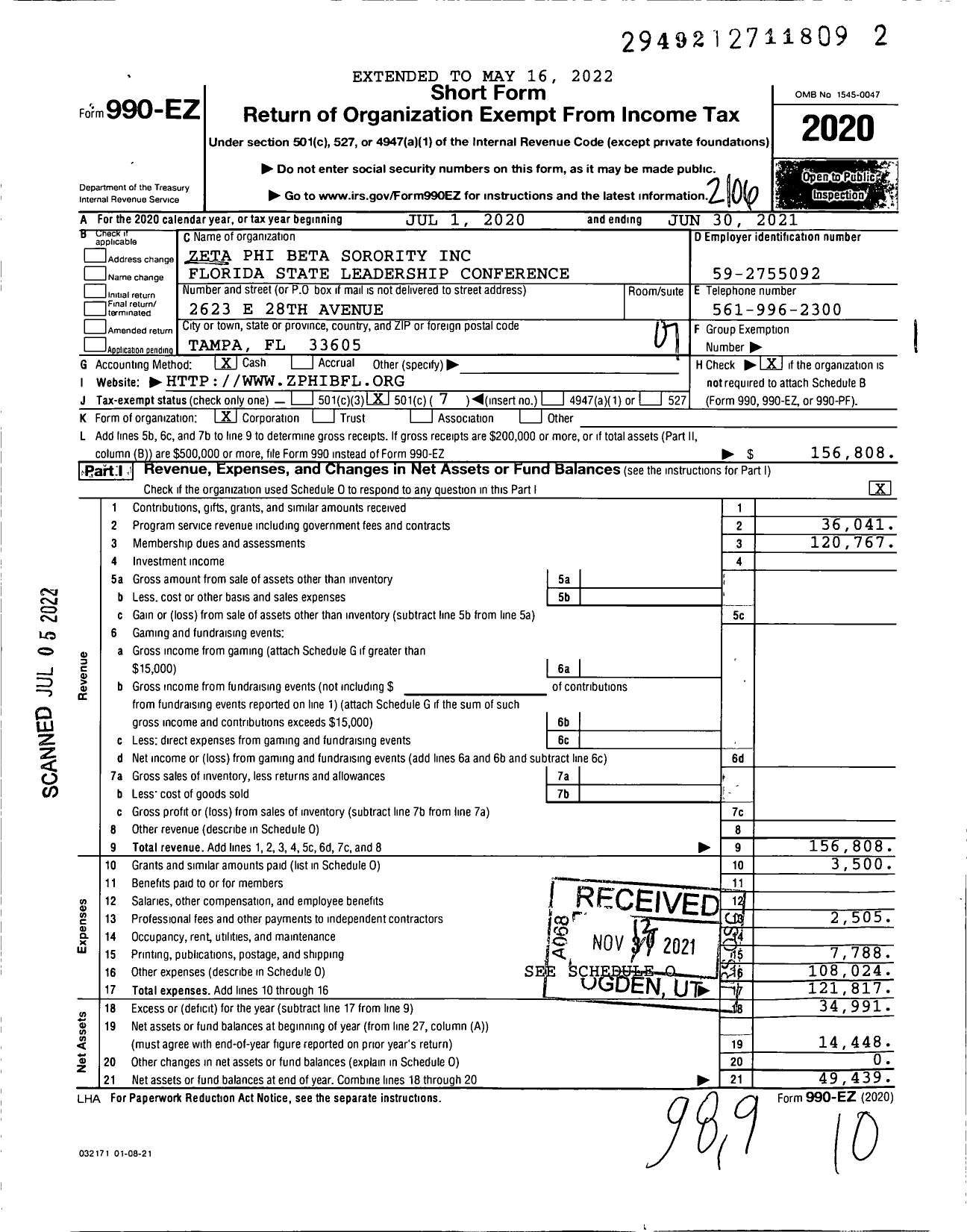 Image of first page of 2020 Form 990EO for Zeta Phi Beta Sorority Florida State Leadership Conference