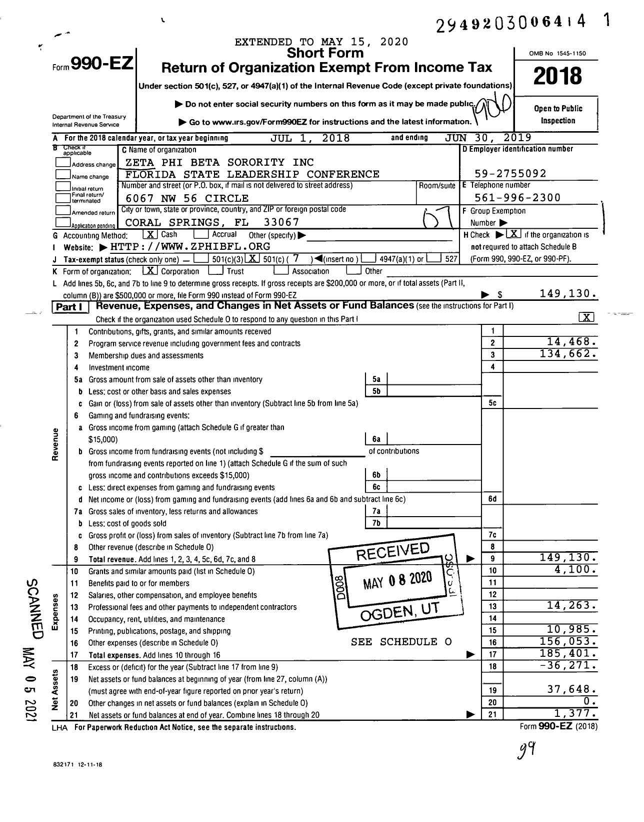 Image of first page of 2018 Form 990EO for Zeta Phi Beta Sorority Florida State Leadership Conference