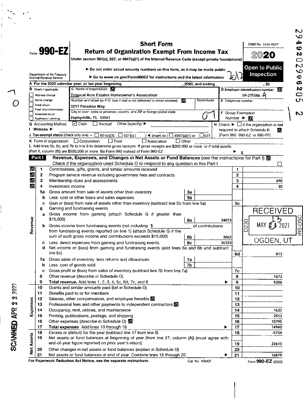 Image of first page of 2020 Form 990EO for Tropical Acre Estates Hoa