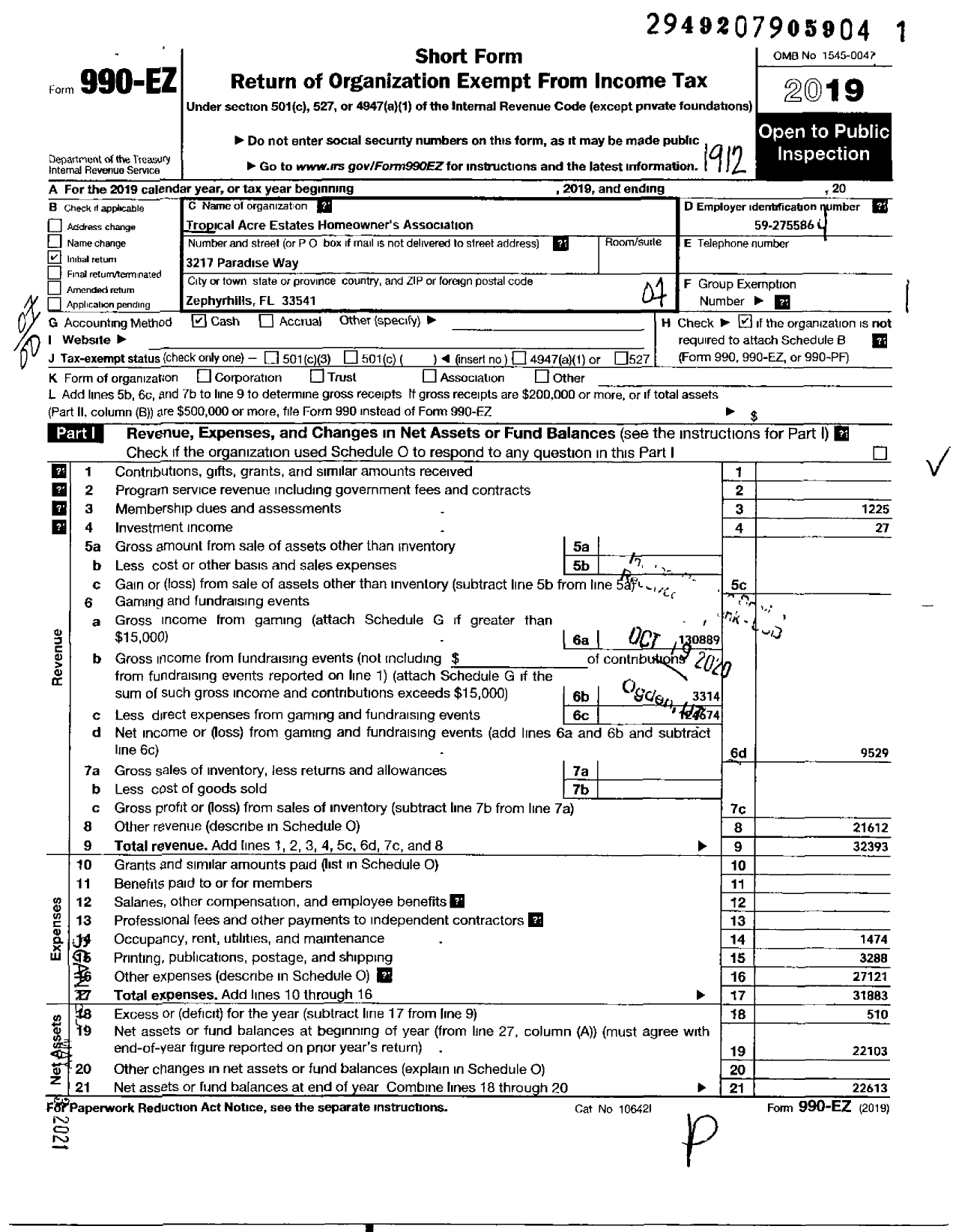 Image of first page of 2019 Form 990EO for Tropical Acre Estates Hoa