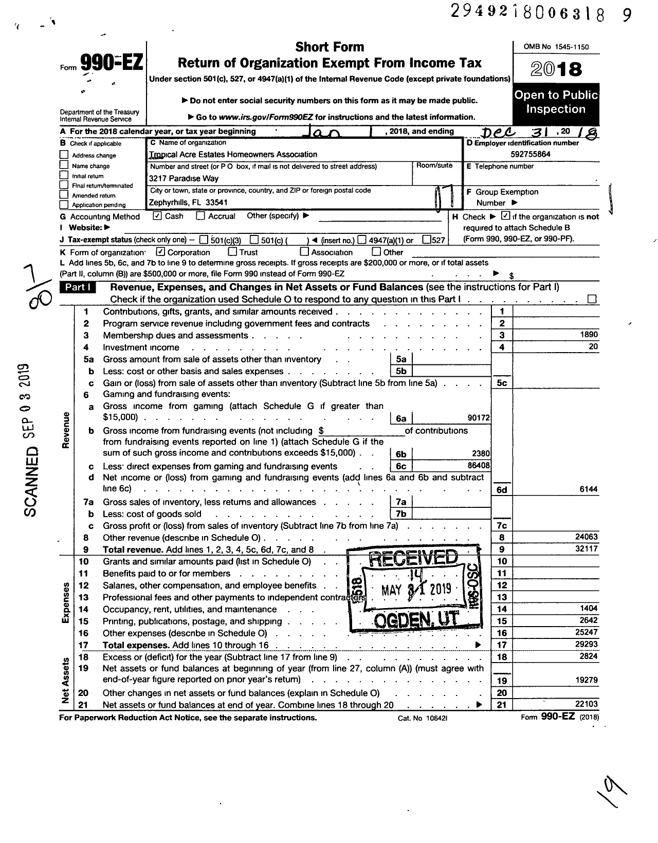 Image of first page of 2018 Form 990EO for Tropical Acre Estates Hoa