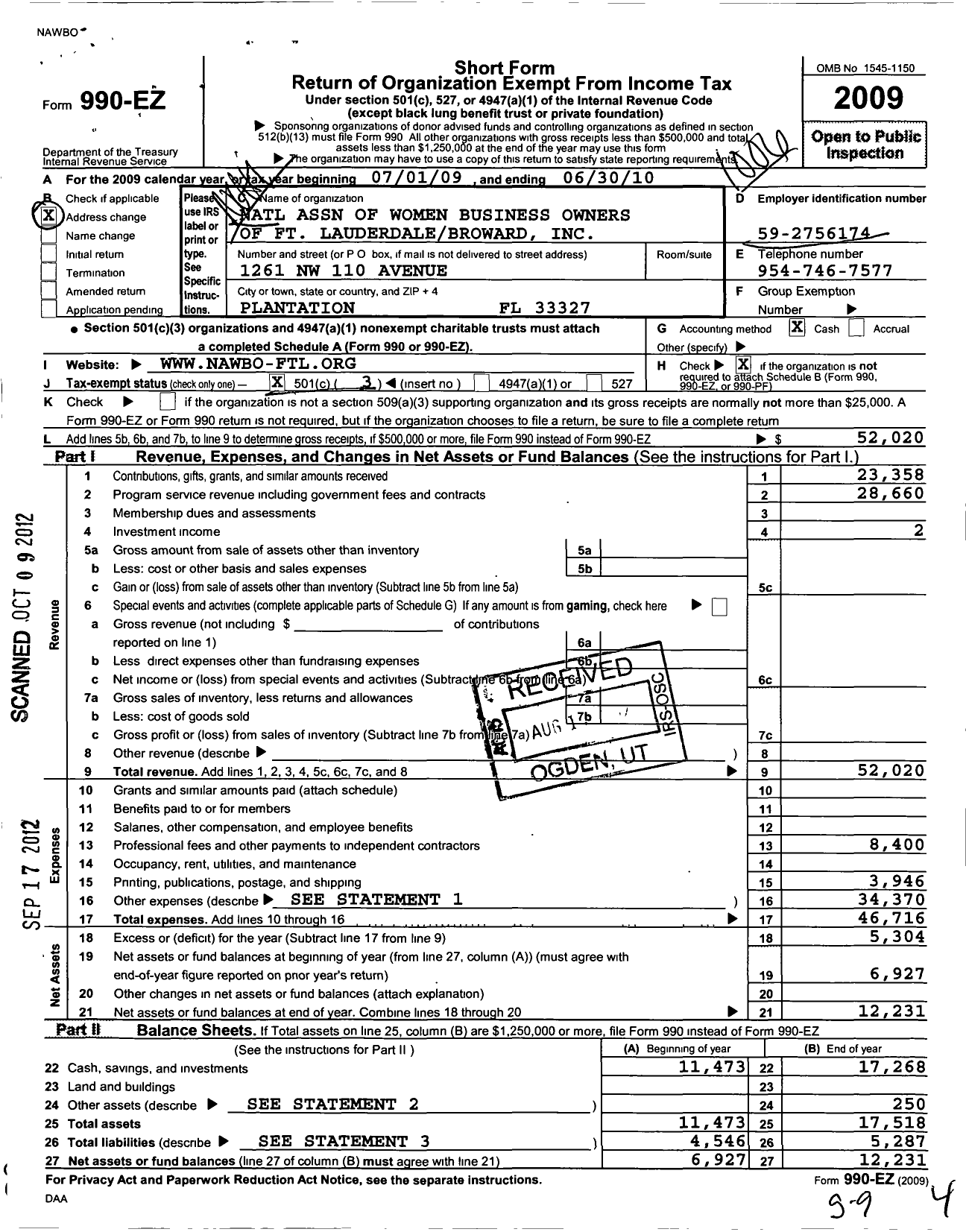 Image of first page of 2009 Form 990EZ for National Association of Women Business Owners FT Lauderdale Broward