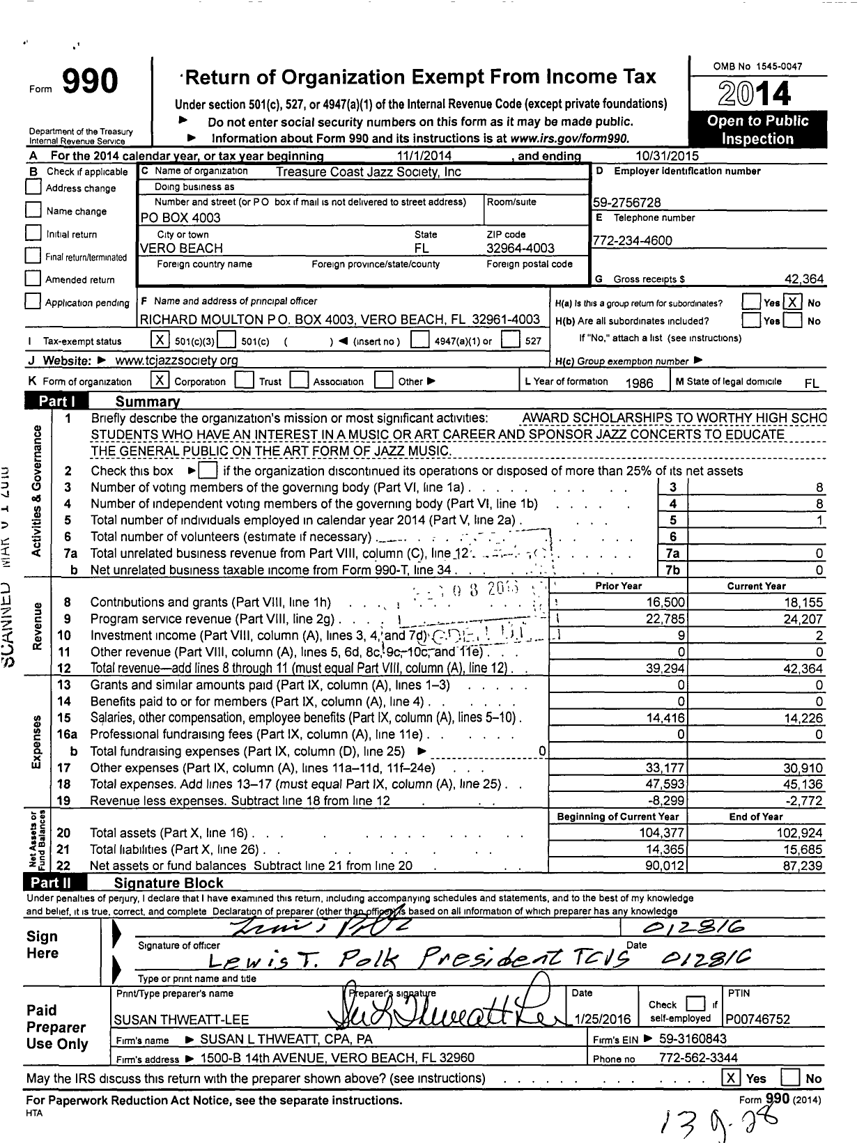 Image of first page of 2014 Form 990 for Treasure Coast Jazz Society