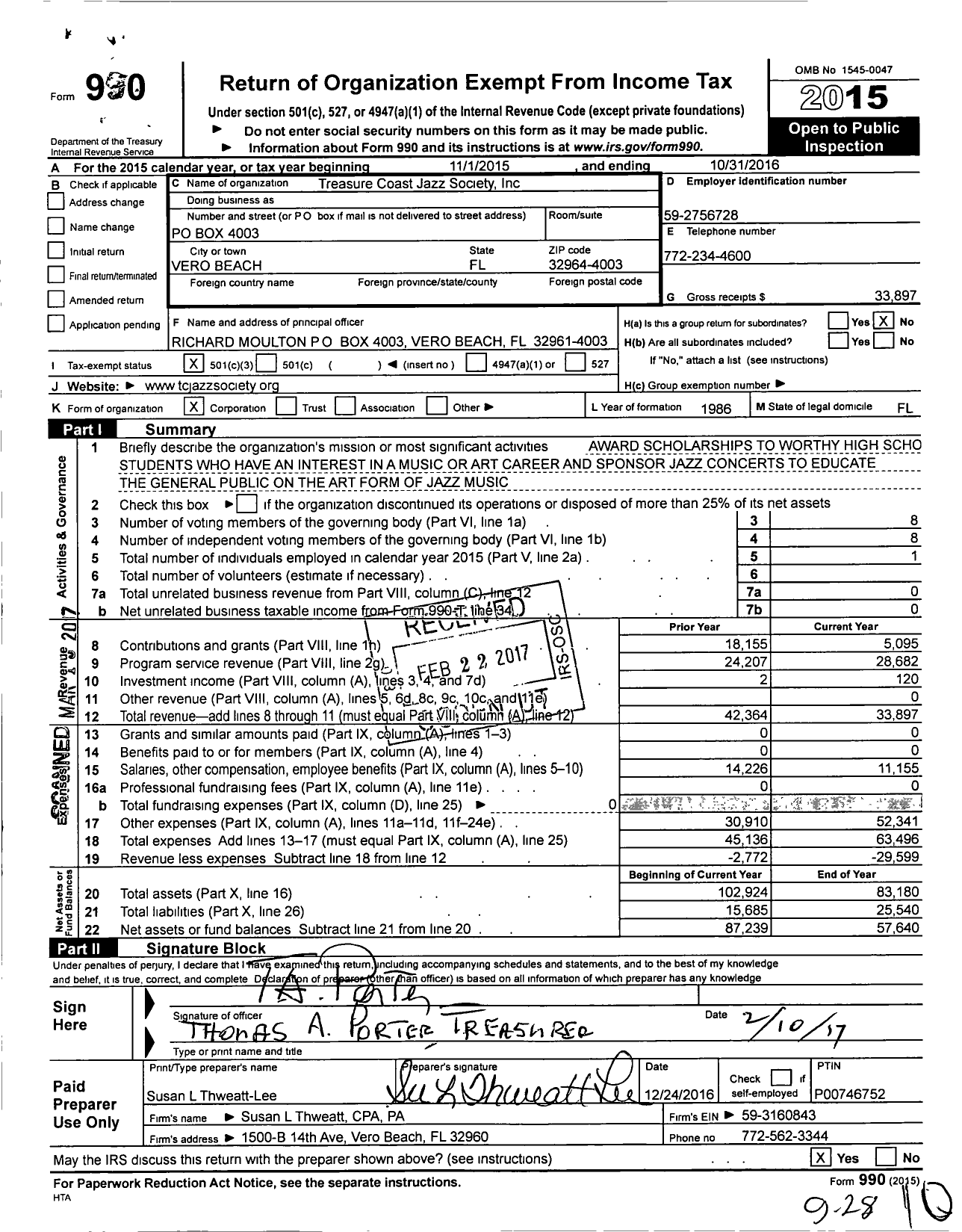 Image of first page of 2015 Form 990 for Treasure Coast Jazz Society