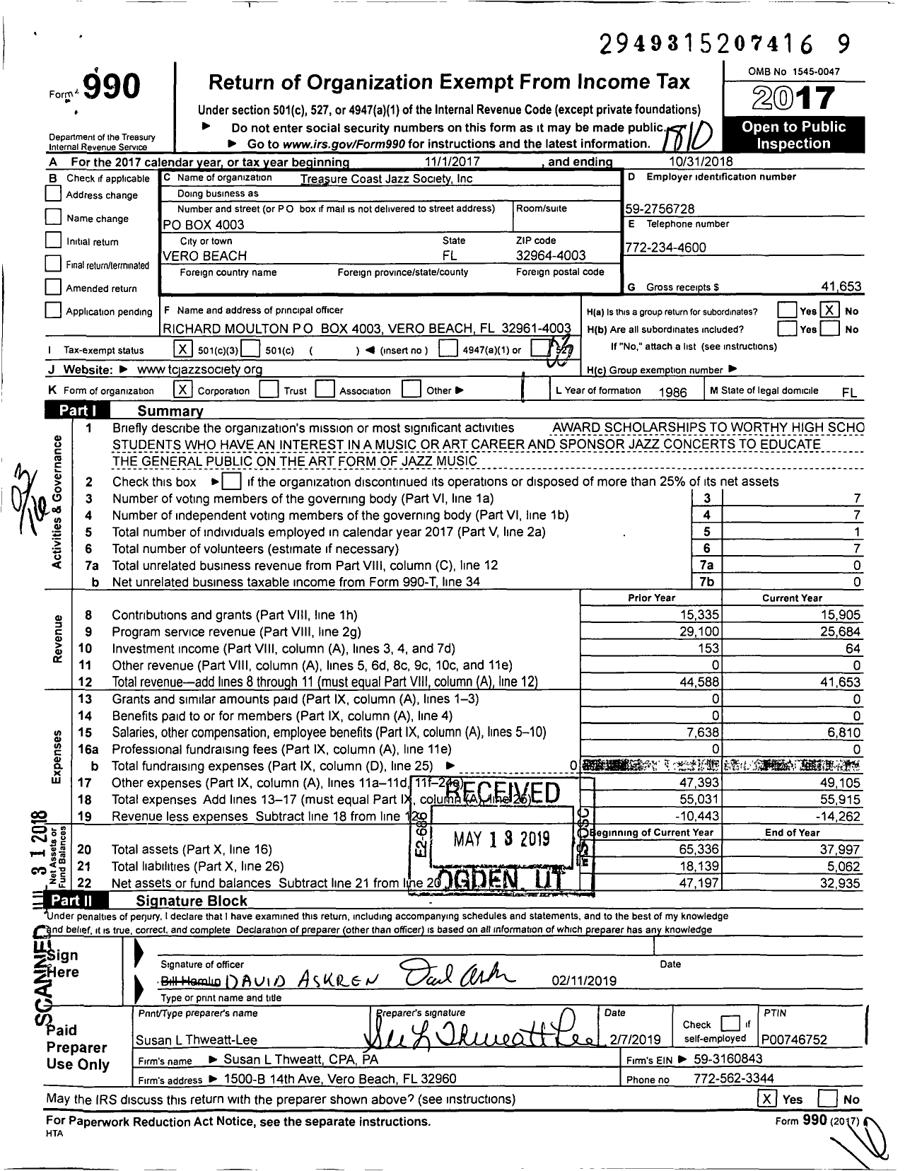 Image of first page of 2017 Form 990 for Treasure Coast Jazz Society