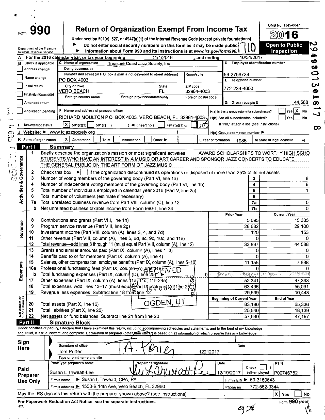 Image of first page of 2016 Form 990 for Treasure Coast Jazz Society