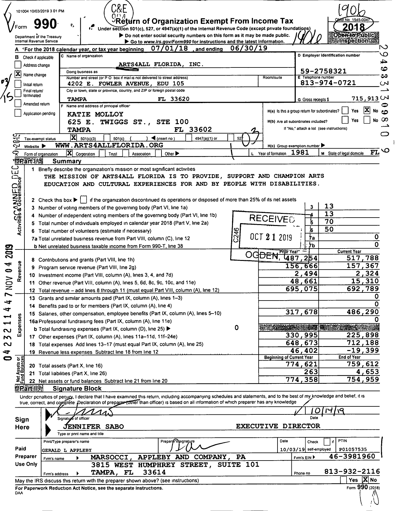 Image of first page of 2018 Form 990 for Arts4all Florida