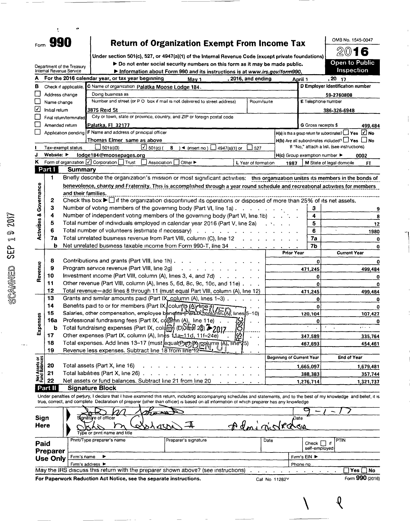 Image of first page of 2016 Form 990O for Loyal Order of Moose - 184