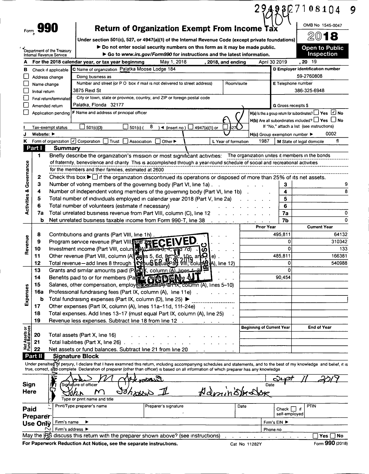 Image of first page of 2018 Form 990O for Loyal Order of Moose - 184