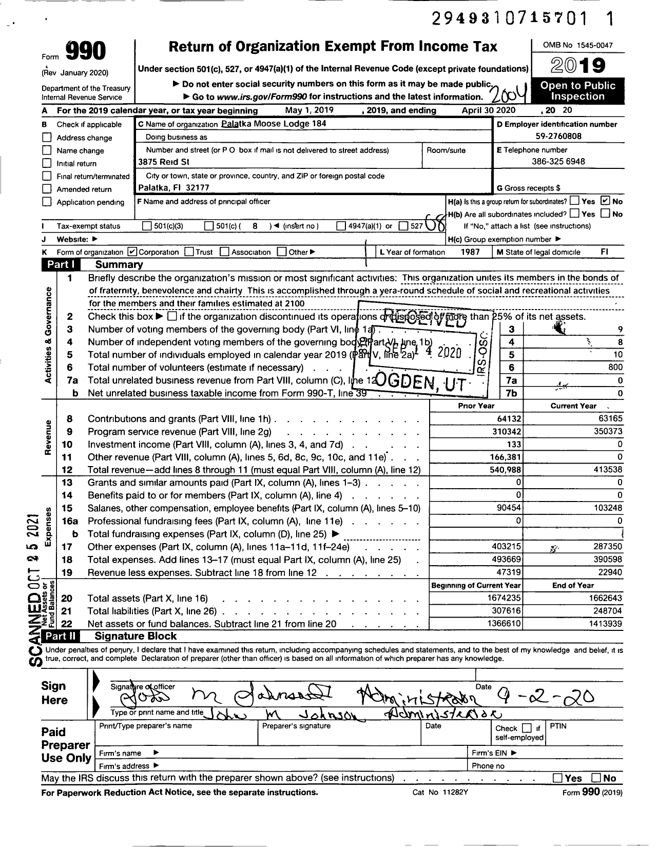 Image of first page of 2019 Form 990O for Loyal Order of Moose - 184