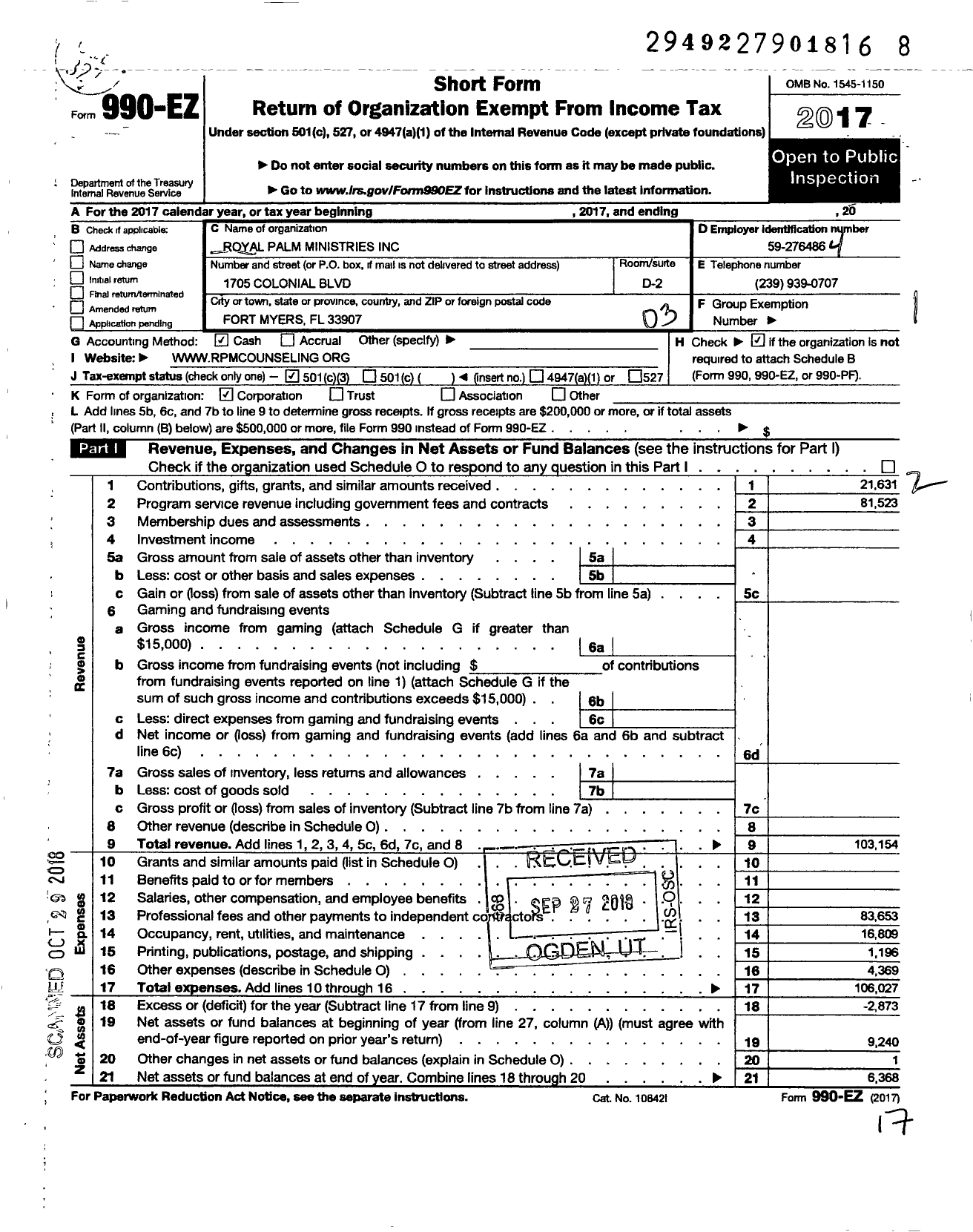 Image of first page of 2017 Form 990EZ for Royal Palm Ministries