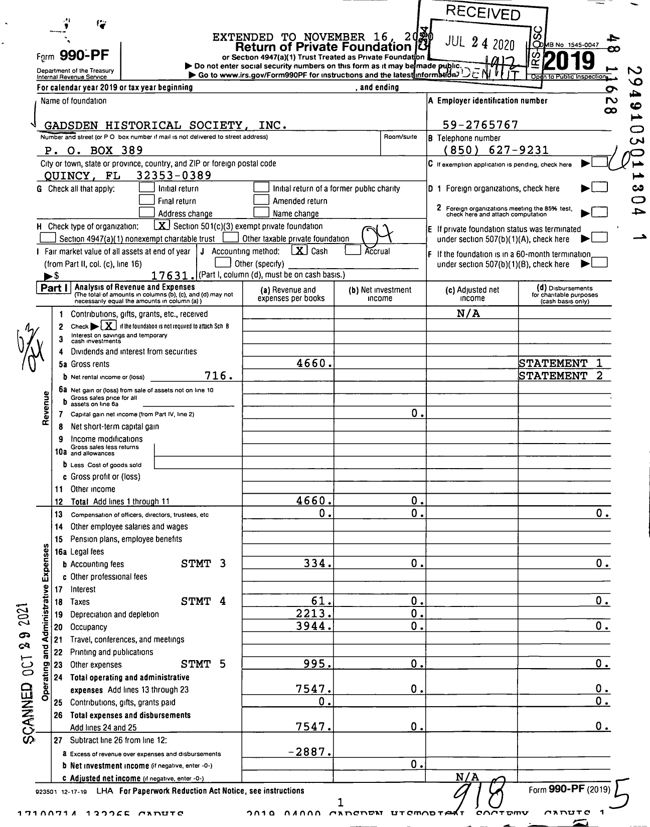 Image of first page of 2019 Form 990PF for Gadsden Historical Society