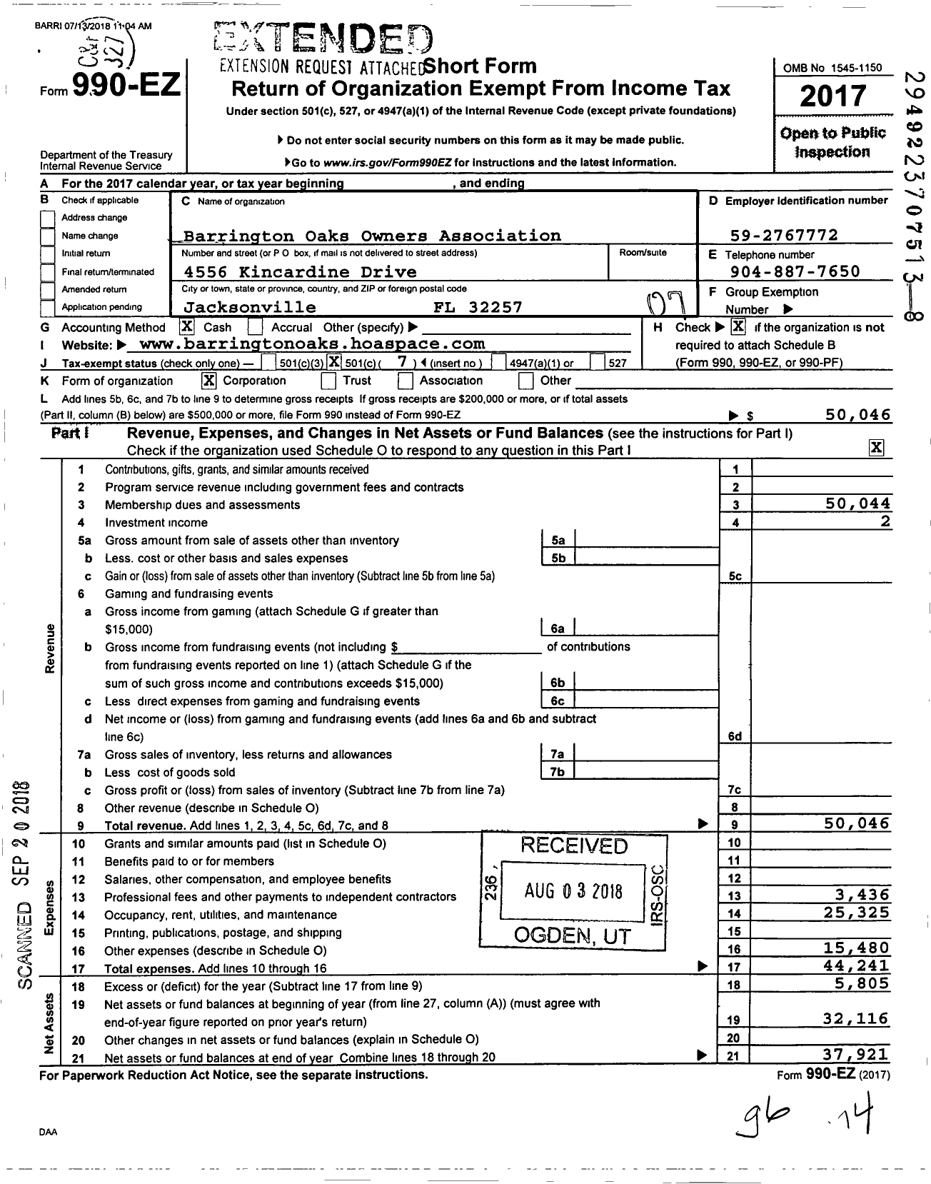 Image of first page of 2017 Form 990EO for Barrington Oaks Owners Association