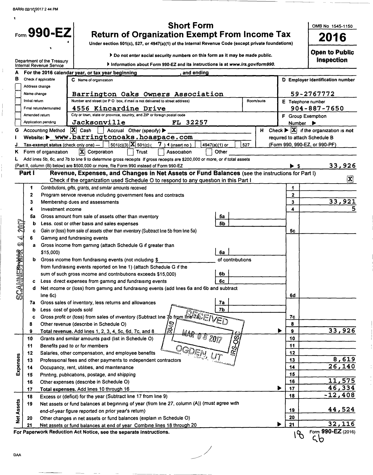 Image of first page of 2016 Form 990EO for Barrington Oaks Owners Association