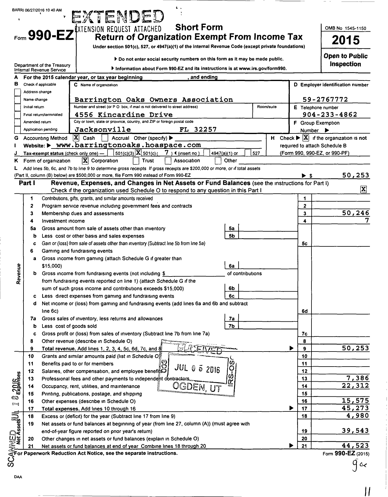 Image of first page of 2015 Form 990EO for Barrington Oaks Owners Association