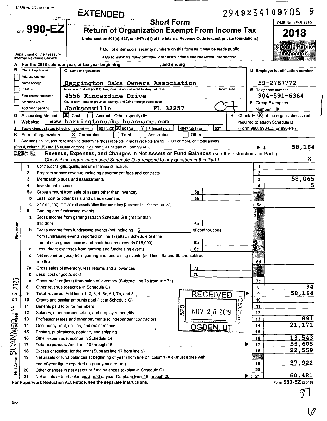 Image of first page of 2018 Form 990EO for Barrington Oaks Owners Association