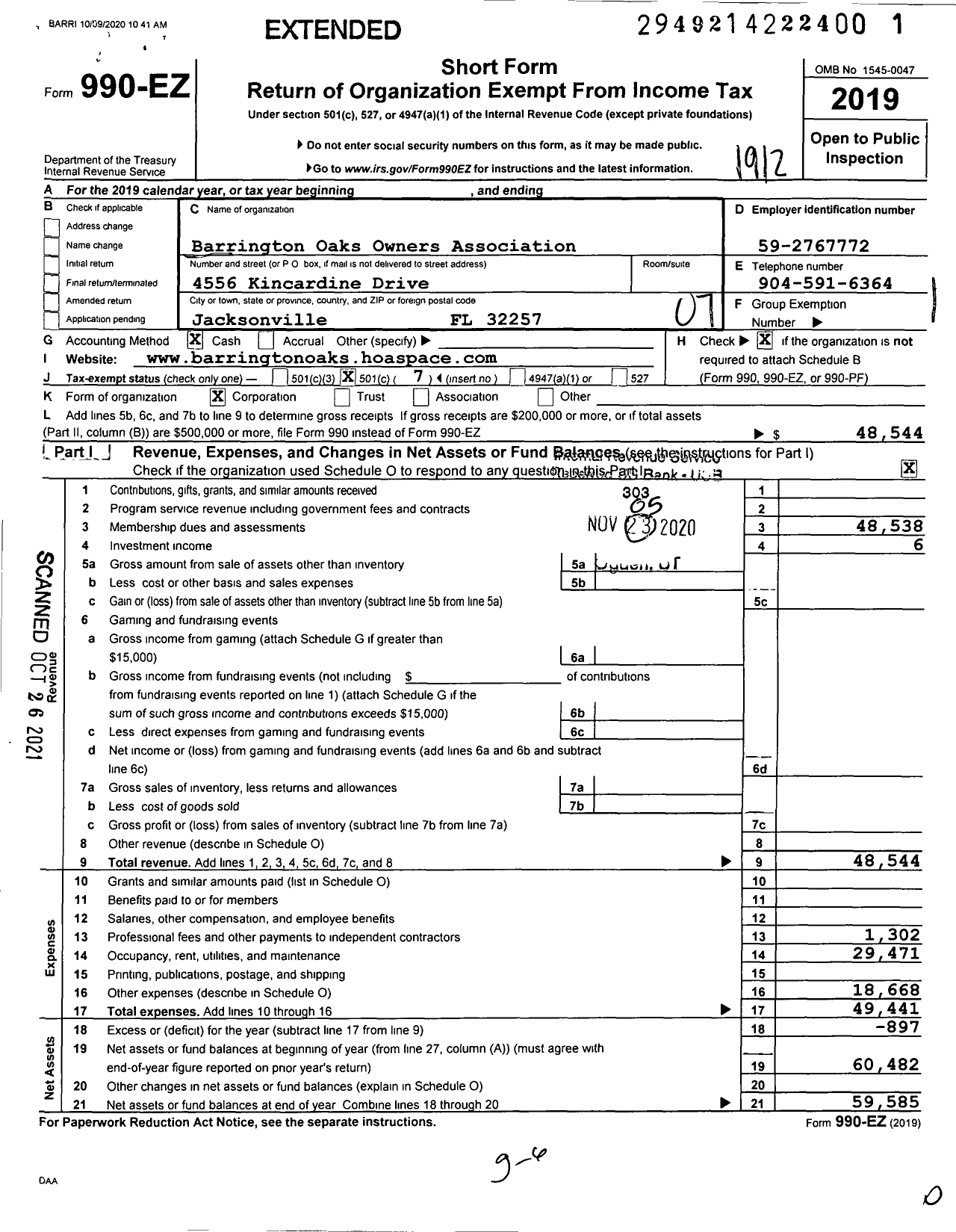 Image of first page of 2019 Form 990EO for Barrington Oaks Owners Association