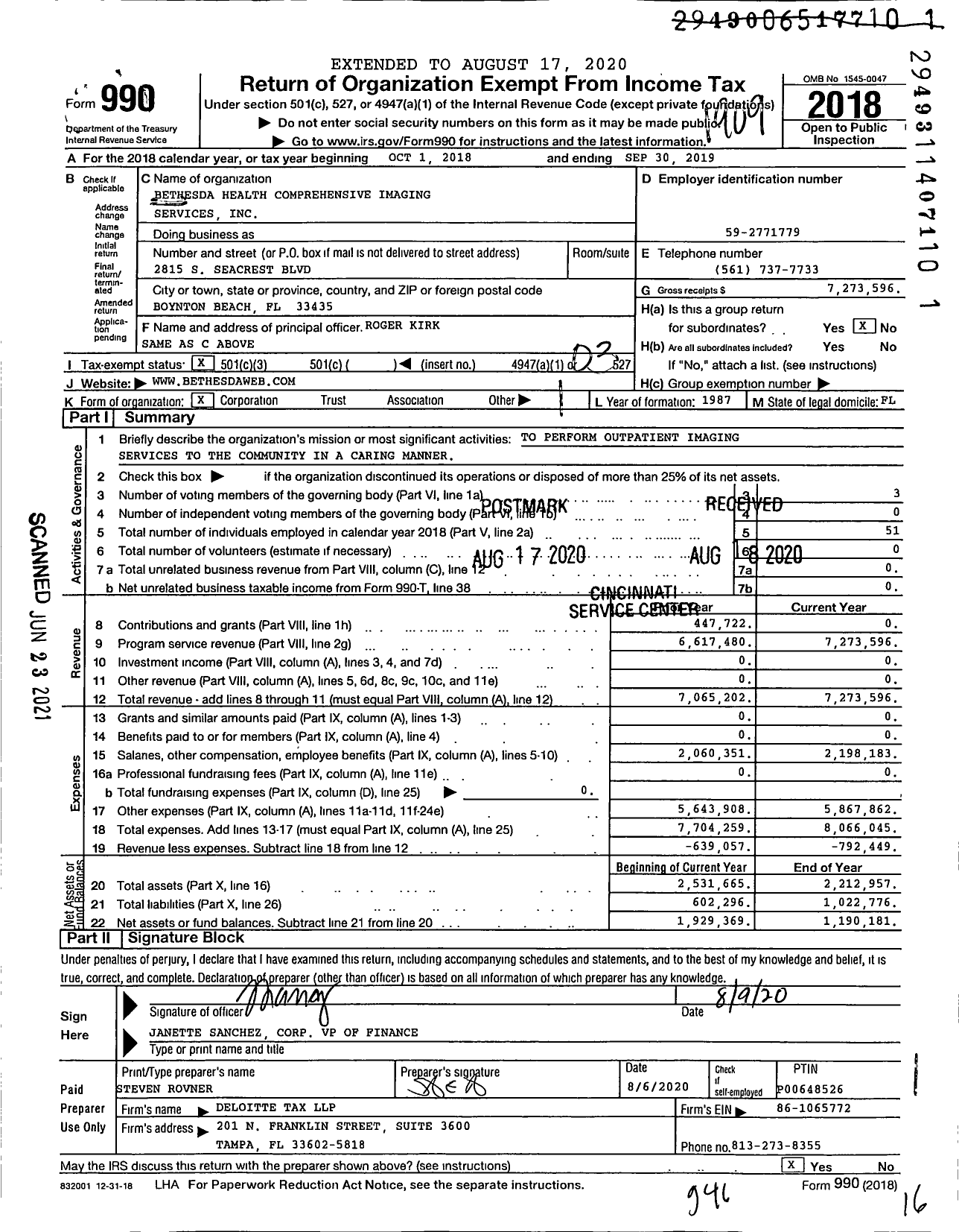 Image of first page of 2018 Form 990 for Bethesda Health Comprehensive Imaging Services