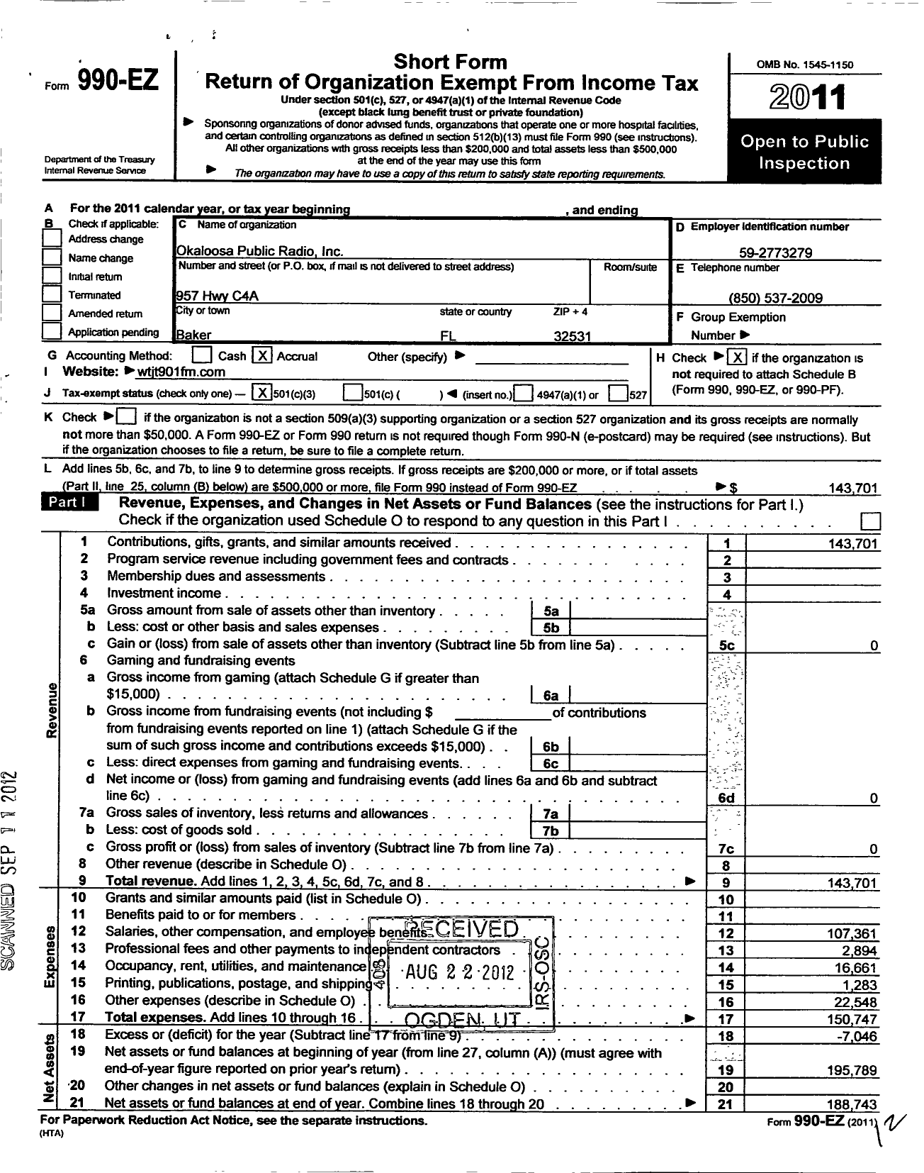 Image of first page of 2011 Form 990EZ for Okaloosa Public Radio