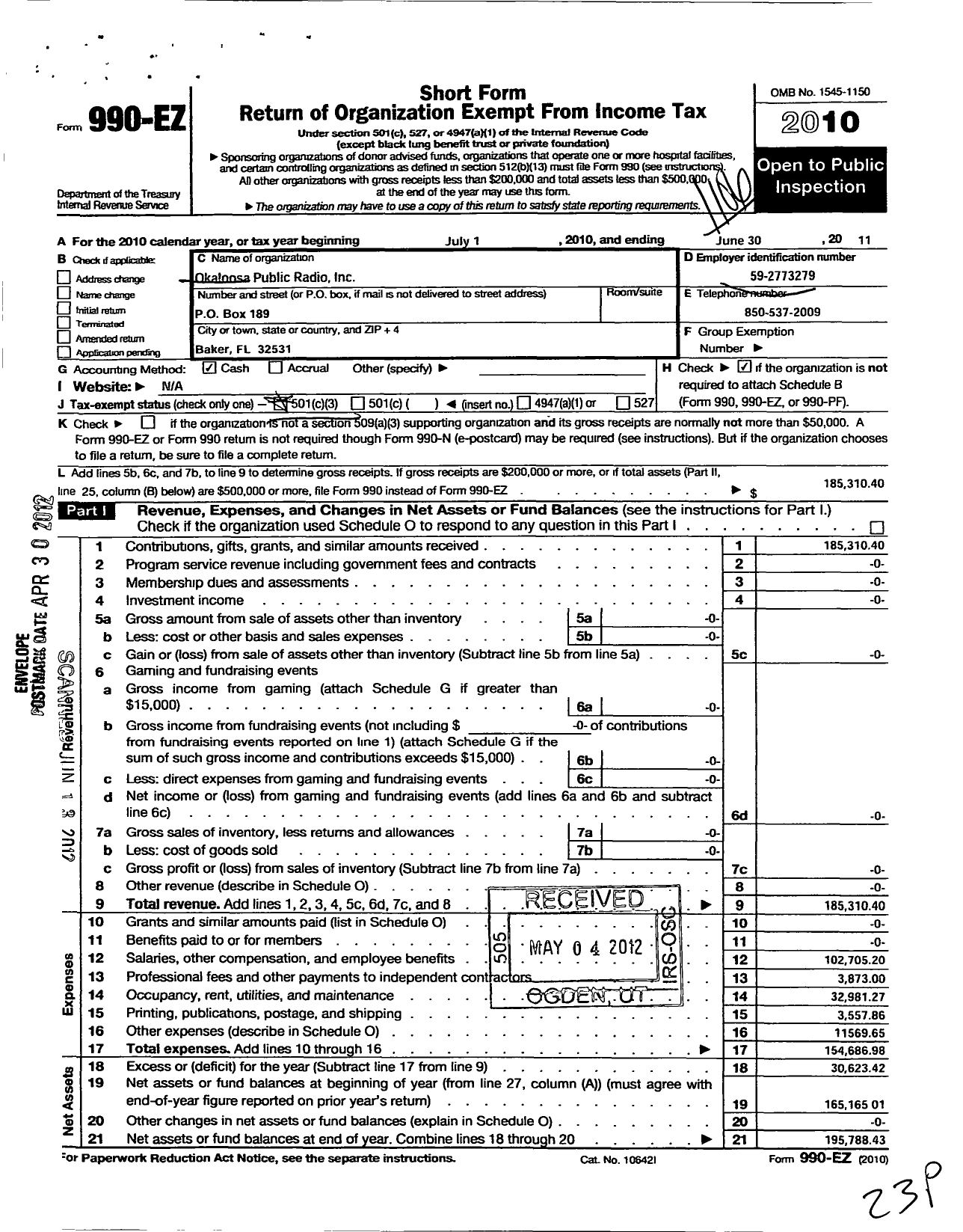 Image of first page of 2010 Form 990EZ for Okaloosa Public Radio