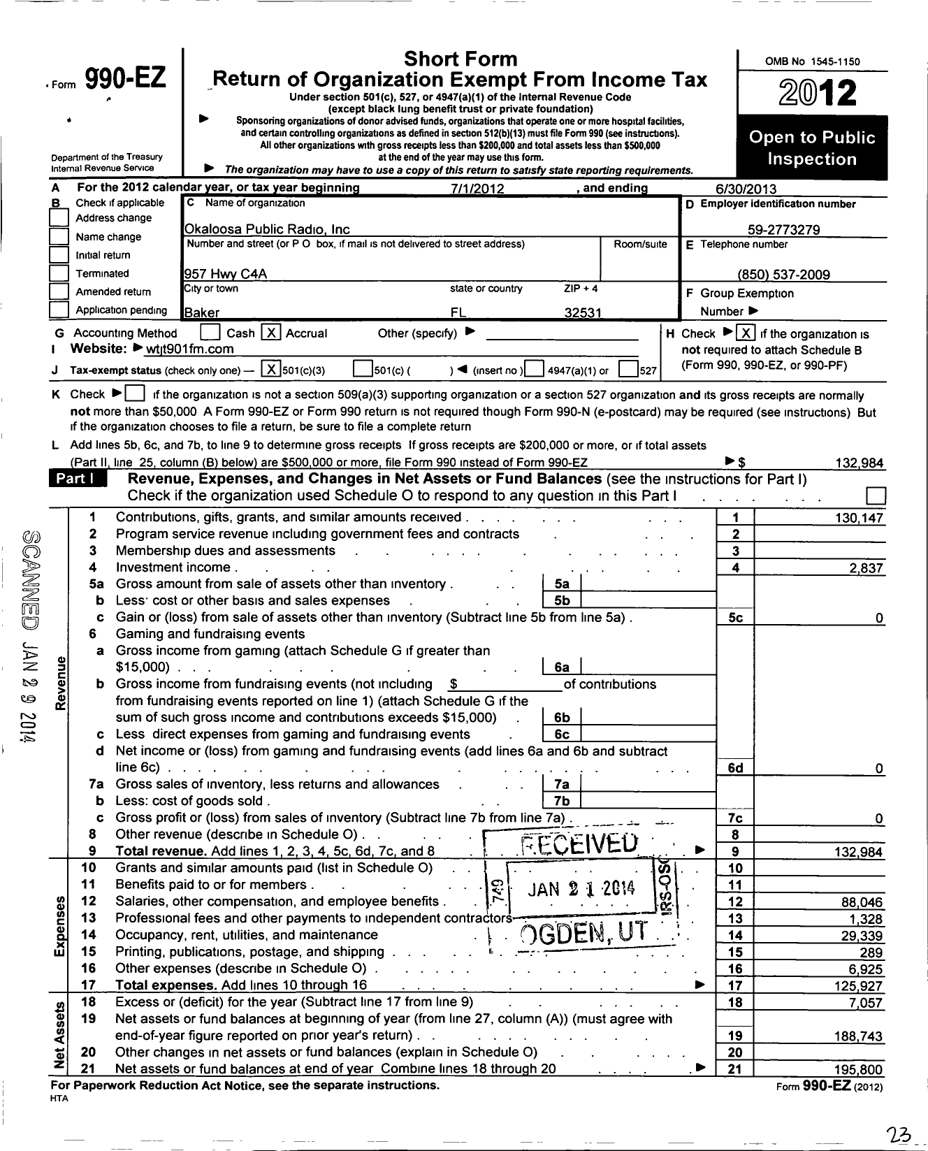 Image of first page of 2012 Form 990EZ for Okaloosa Public Radio