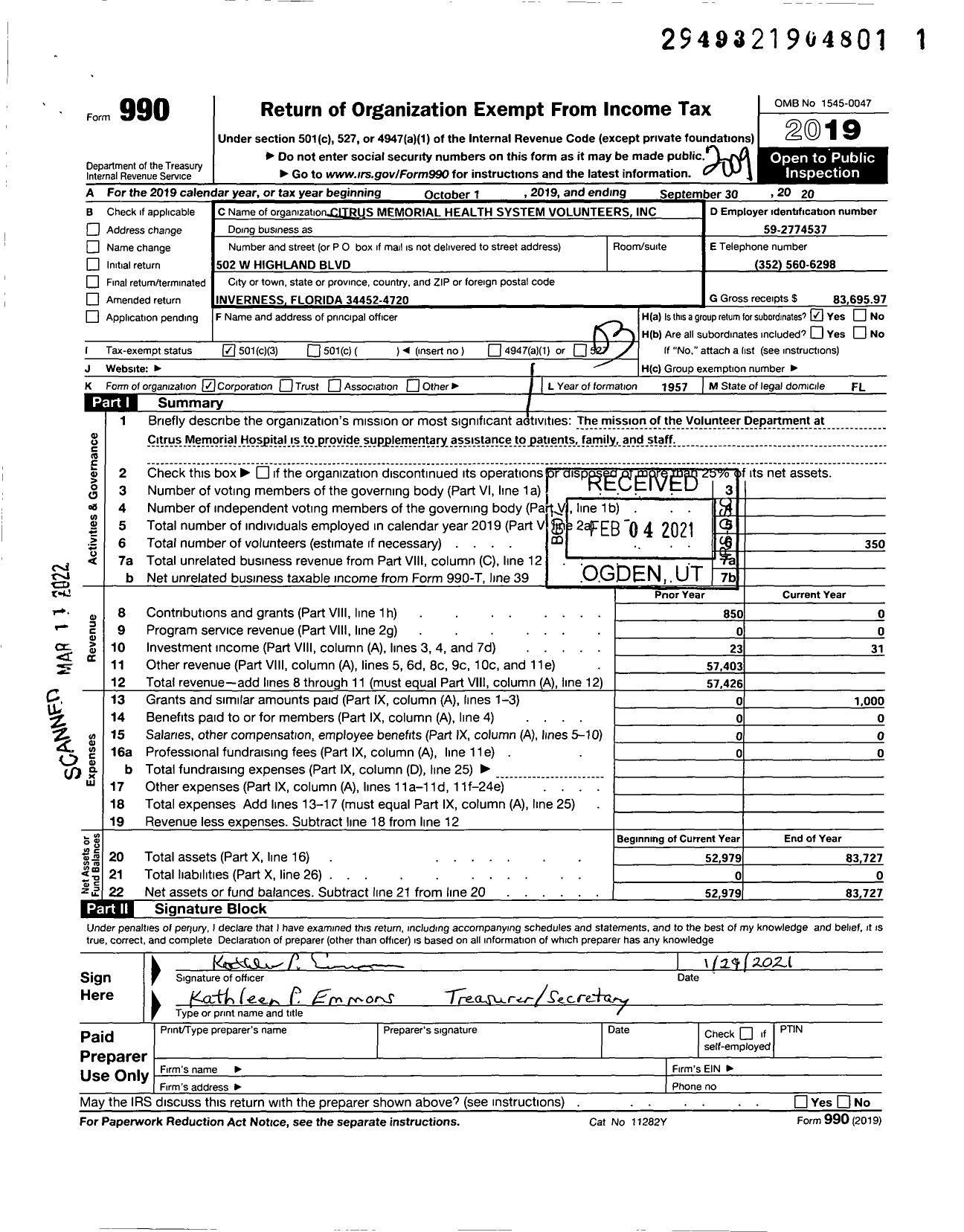 Image of first page of 2019 Form 990 for Citrus Memorial Health System Volunteers