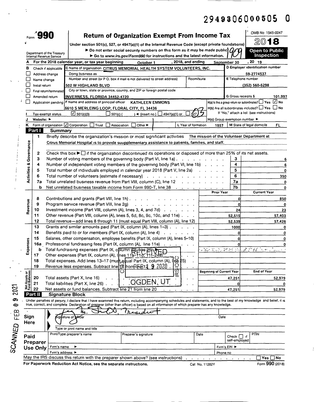 Image of first page of 2018 Form 990 for Citrus Memorial Health System Volunteers