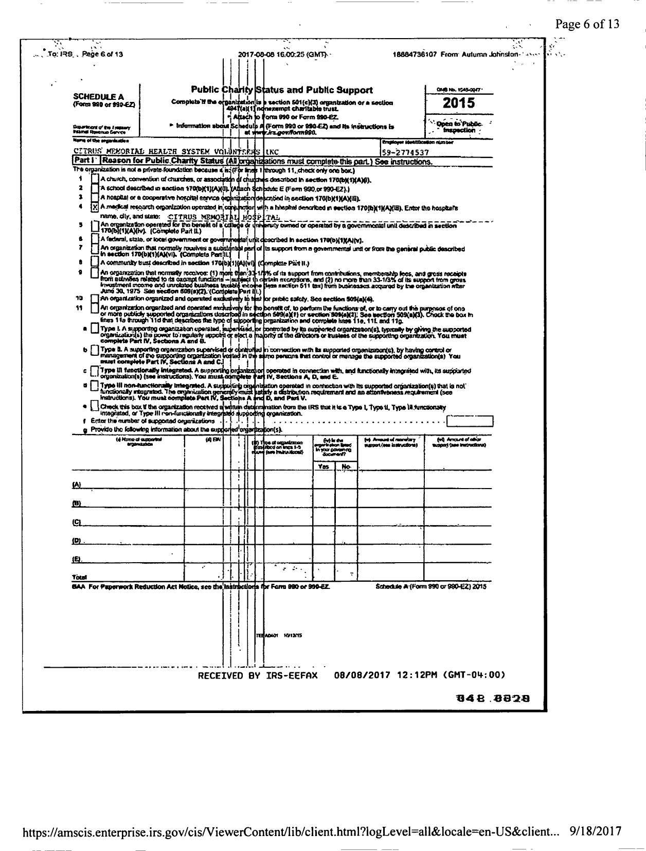 Image of first page of 2015 Form 990R for Citrus Memorial Health System Volunteers