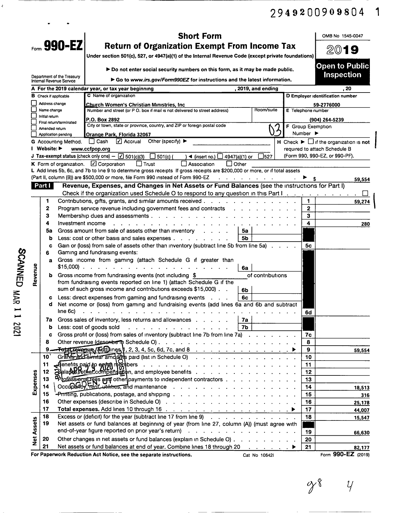 Image of first page of 2019 Form 990EZ for Church Womens Christian Ministries