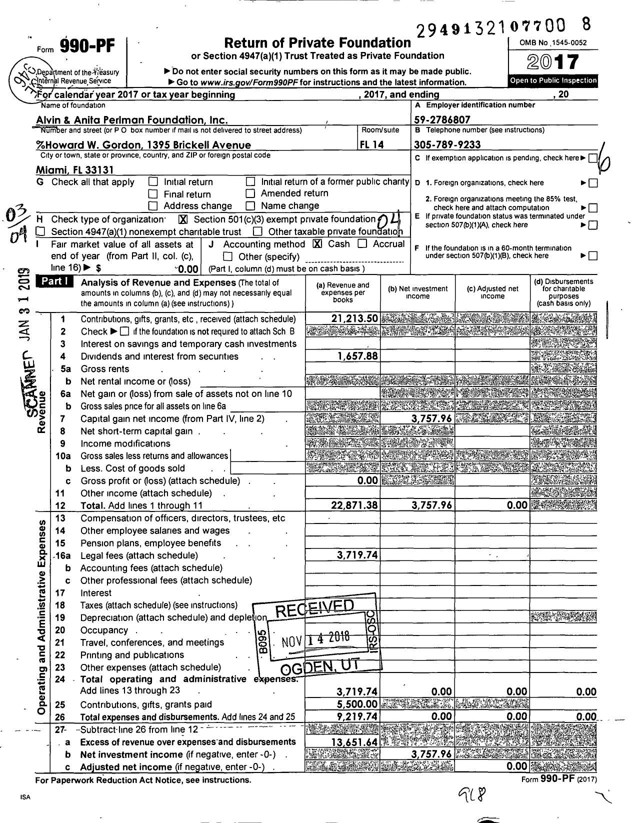 Image of first page of 2017 Form 990PF for Alvin and Anita Perlman Foundation