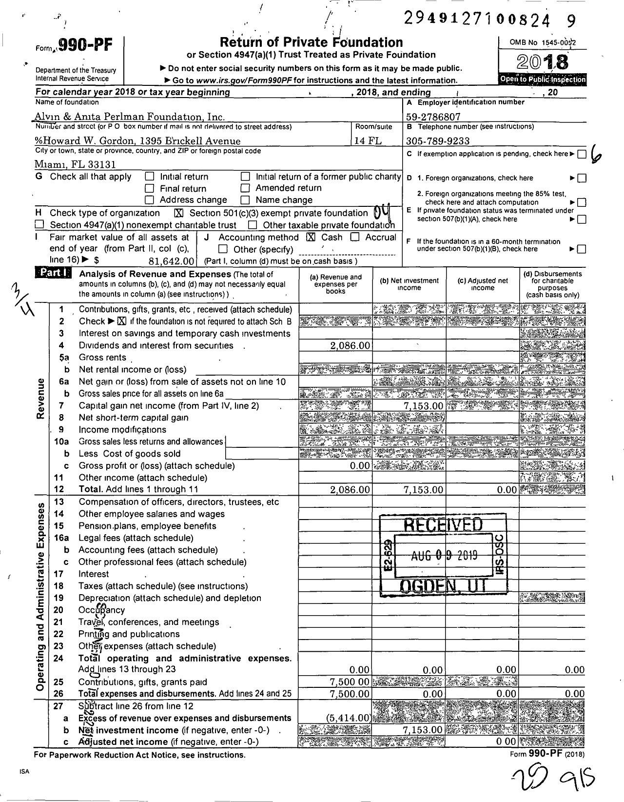 Image of first page of 2018 Form 990PF for Alvin and Anita Perlman Foundation