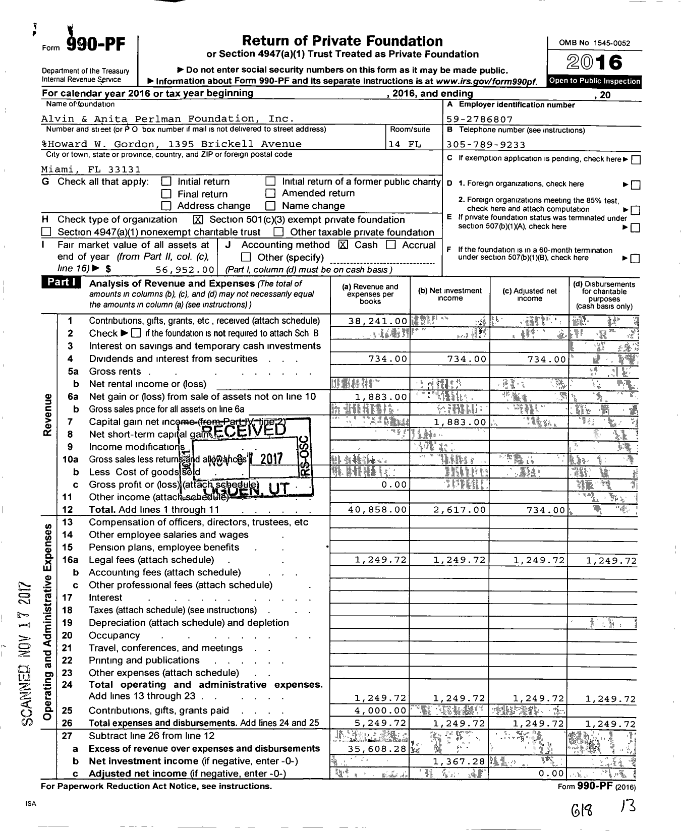 Image of first page of 2016 Form 990PF for Alvin and Anita Perlman Foundation