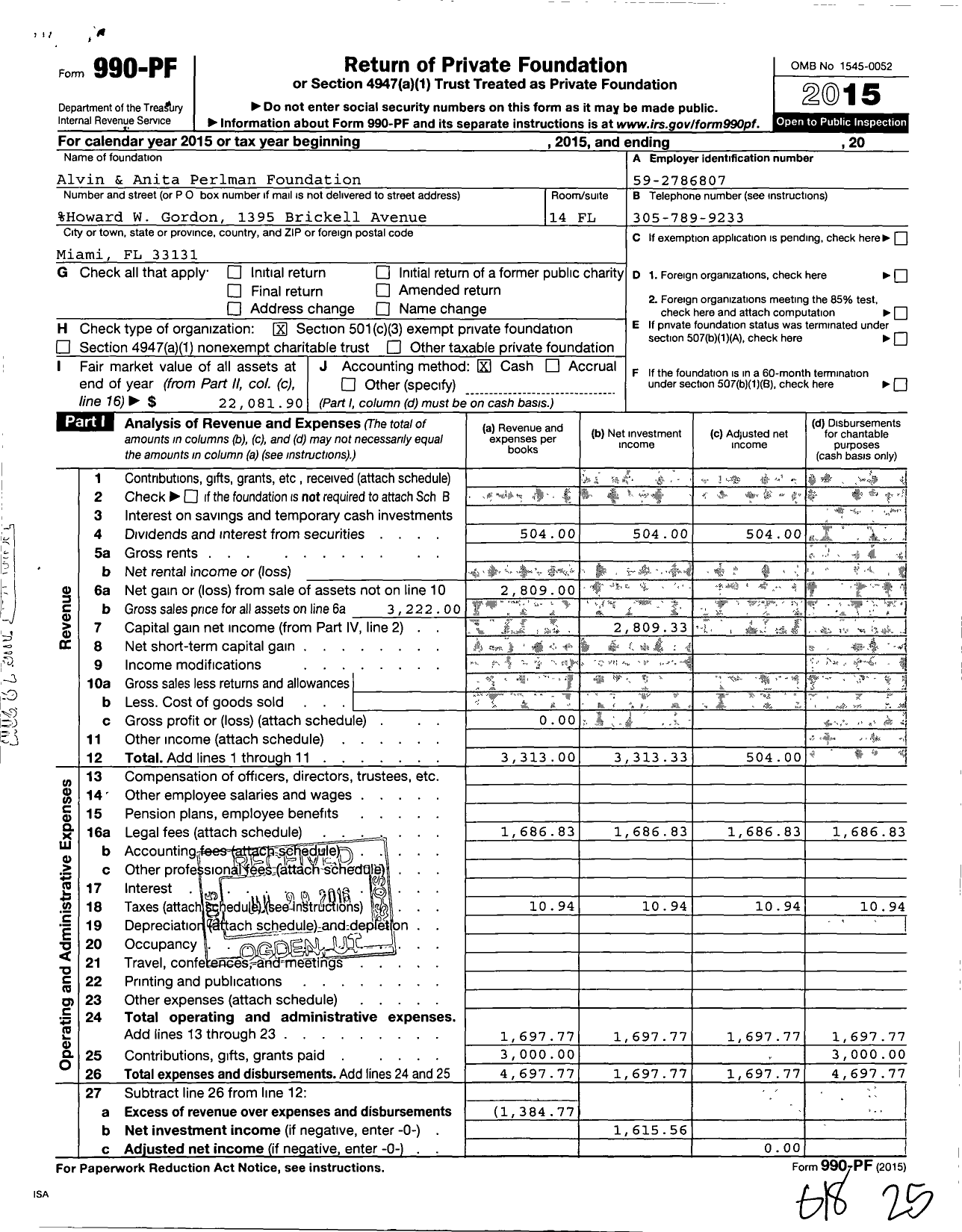 Image of first page of 2015 Form 990PF for Alvin and Anita Perlman Foundation